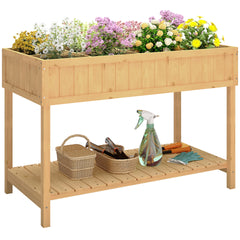 Outsunny 43x18x30in Raised Garden Bed with 8 Pockets and Shelf, Wooden Elevated Planter Box with Legs to Grow Herbs, Vegetables, and Flowers, Natural