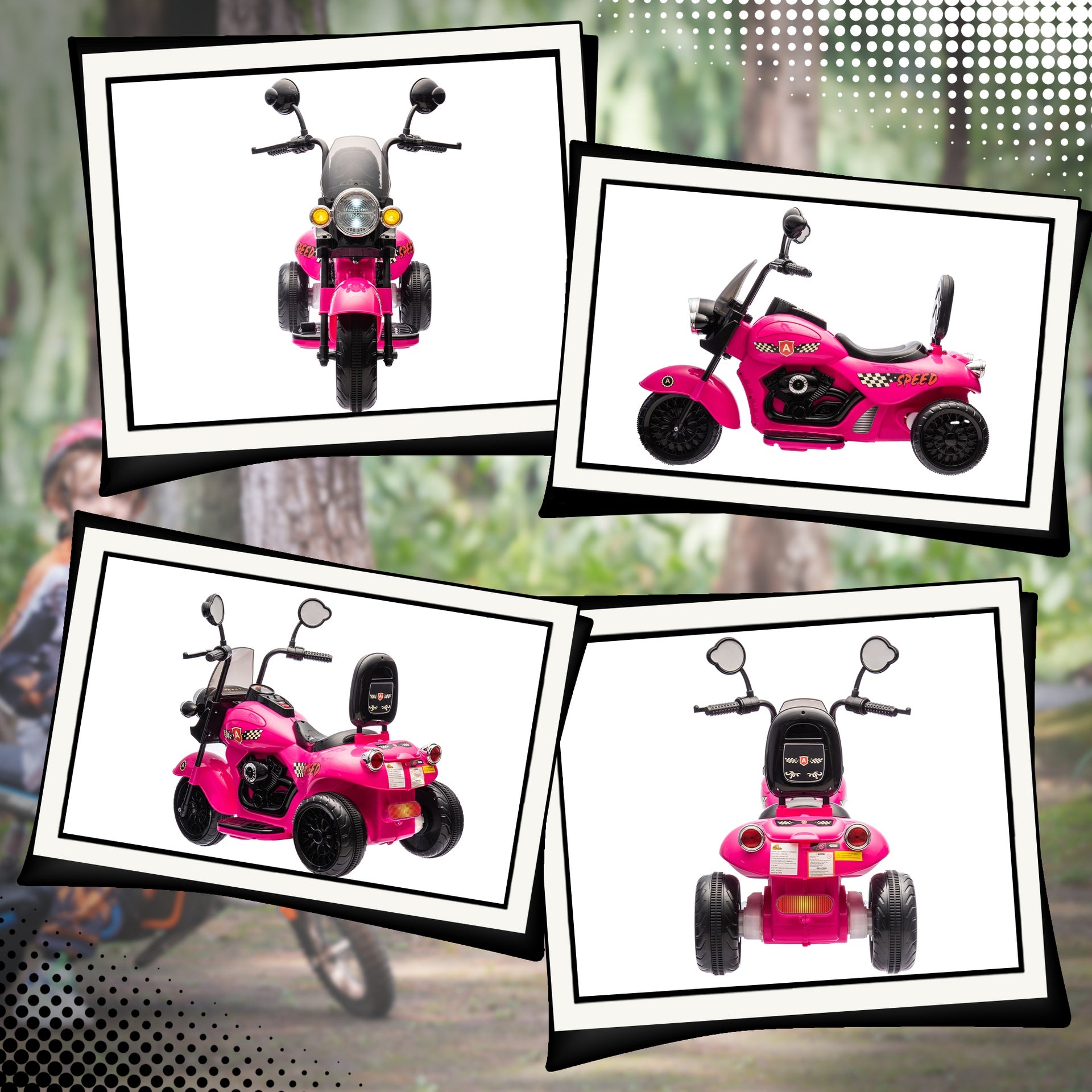 Qaba 6V 3 Wheel Electric Motorcycle for Kids, Battery Powered Motorbike w/ Headlights, Music, Forward & Reverse, Pink