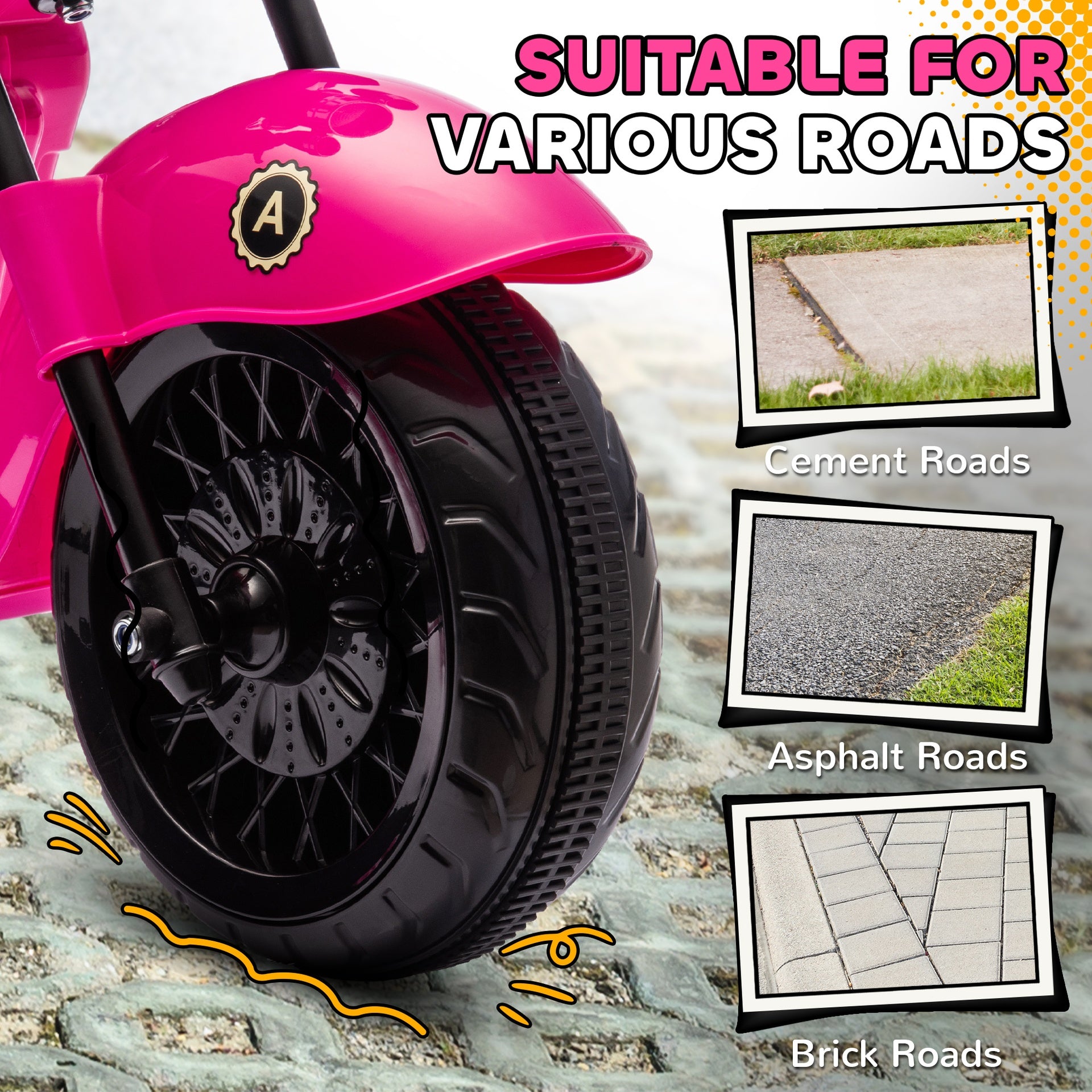 Qaba 6V 3 Wheel Electric Motorcycle for Kids, Battery Powered Motorbike w/ Headlights, Music, Forward & Reverse, Pink