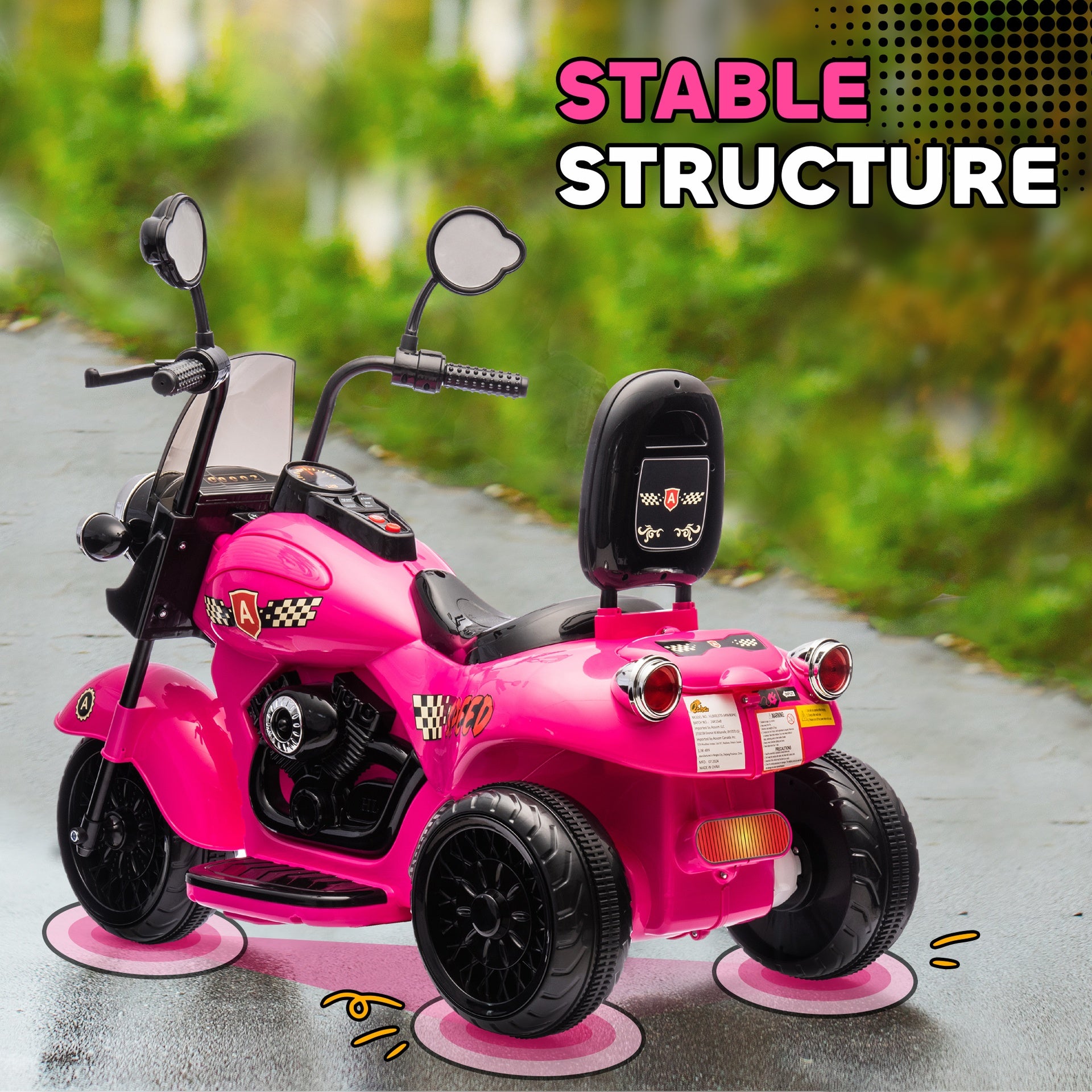 Qaba 6V 3 Wheel Electric Motorcycle for Kids, Battery Powered Motorbike w/ Headlights, Music, Forward & Reverse, Pink