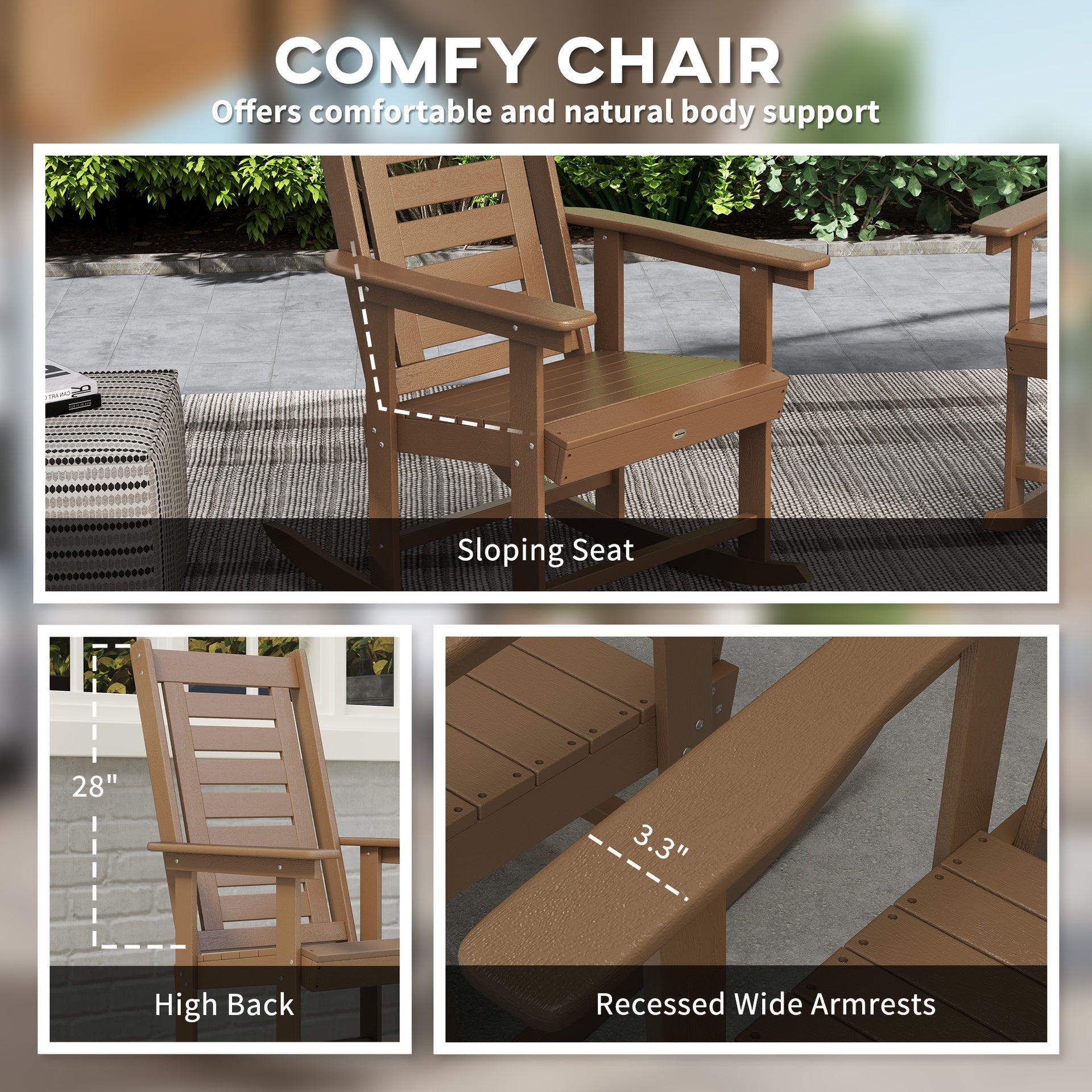 Outsunny 2 Pieces Outdoor Rocking Chairs, HDPE Patio Rockers with 28" High Back, Wide Armrests for Porch Backyard, Brown