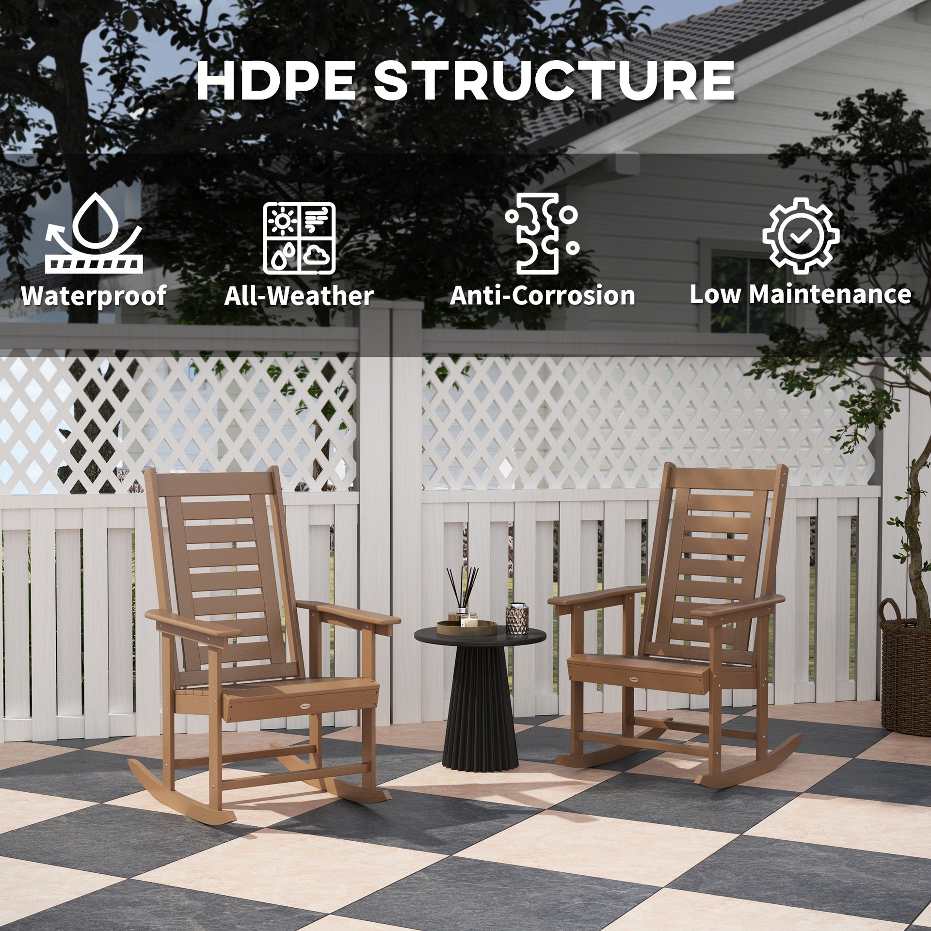 Outsunny 2 Pieces Outdoor Rocking Chairs, HDPE Patio Rockers with 28" High Back, Wide Armrests for Porch Backyard, Brown