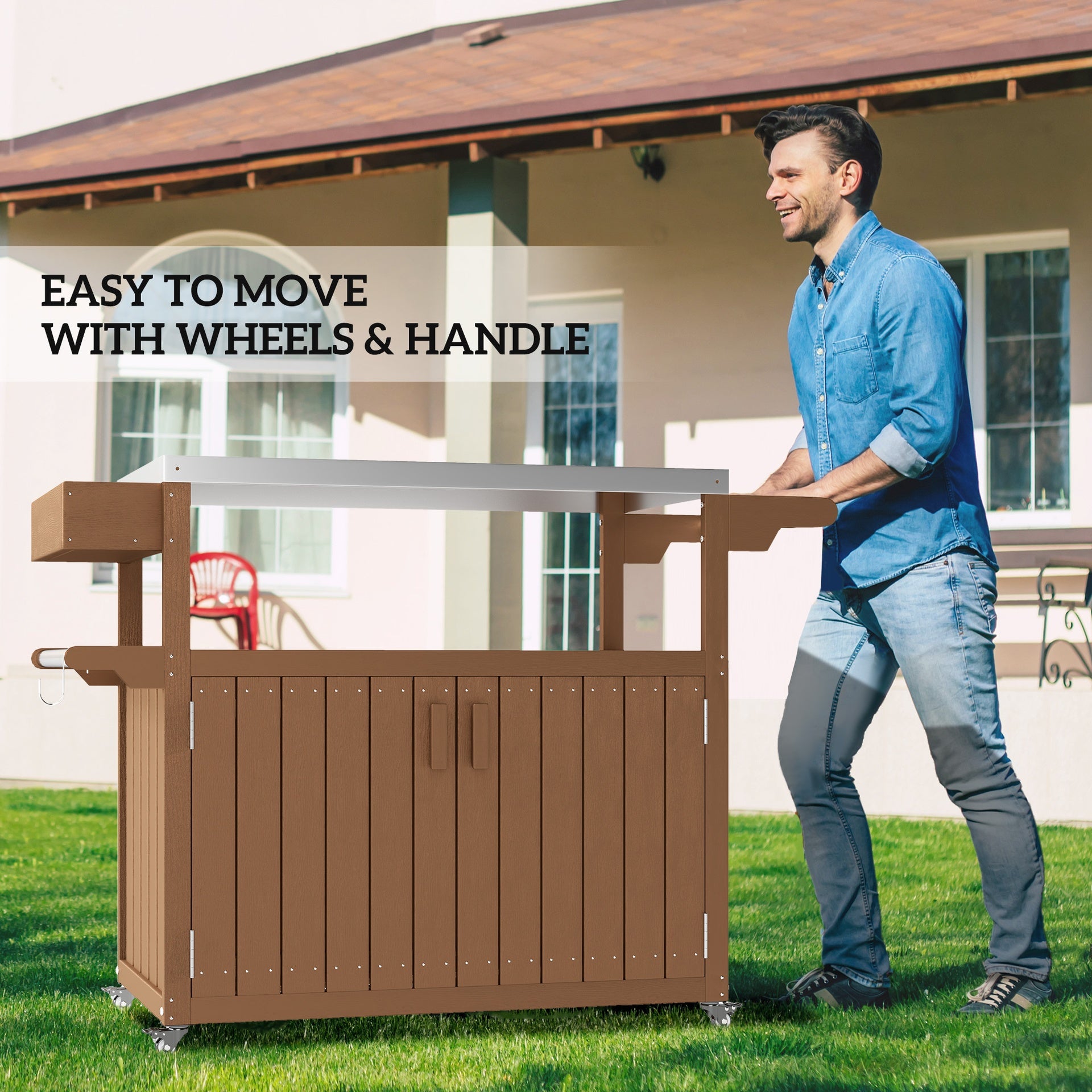 Outsunny Outdoor Bar Cart with Storage, Stainless Steel Outdoor Bar Table Top, Wheeled HDPE Kitchen Island for Food Prep, Brown