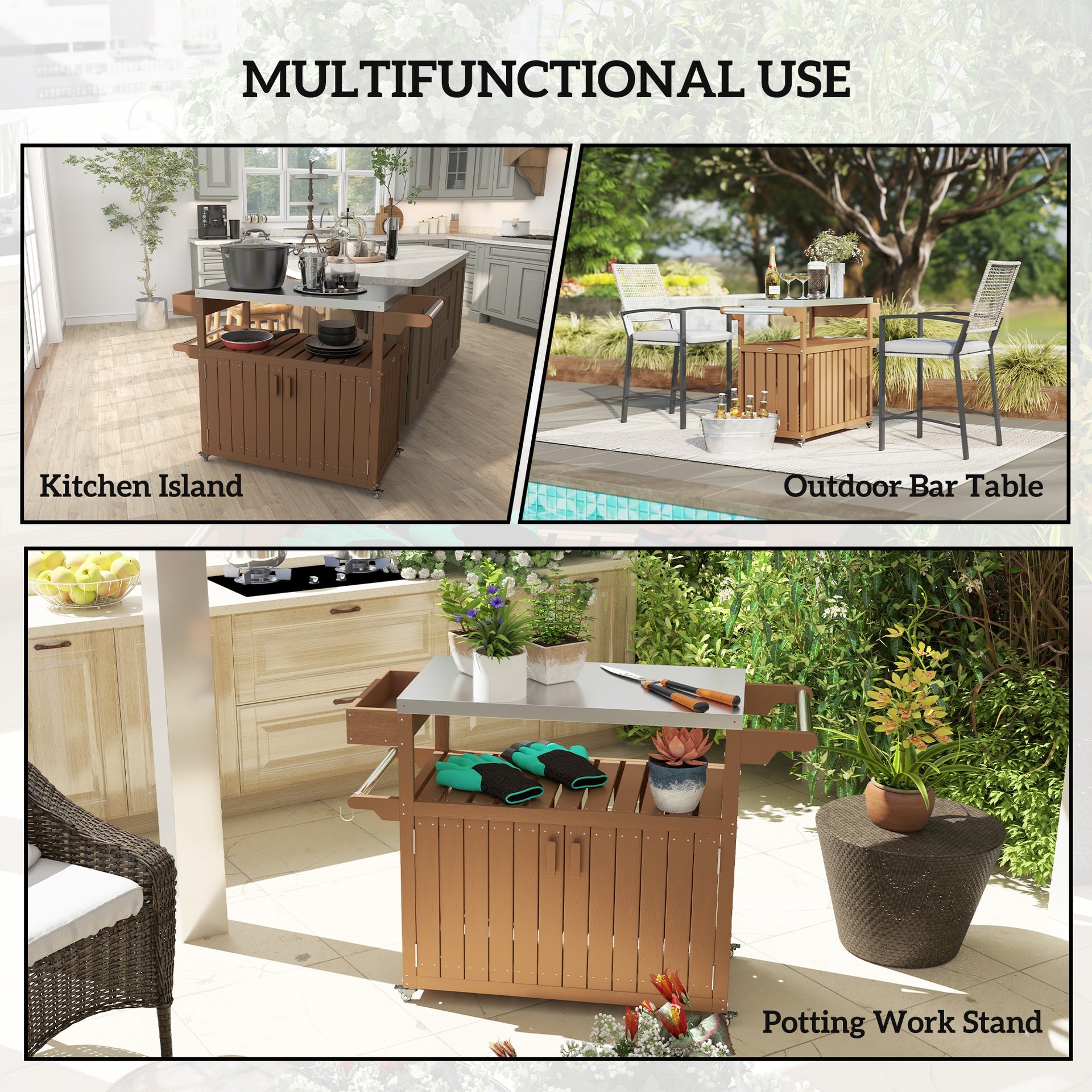 Outsunny Outdoor Bar Cart with Storage, Stainless Steel Outdoor Bar Table Top, Wheeled HDPE Kitchen Island for Food Prep, Brown