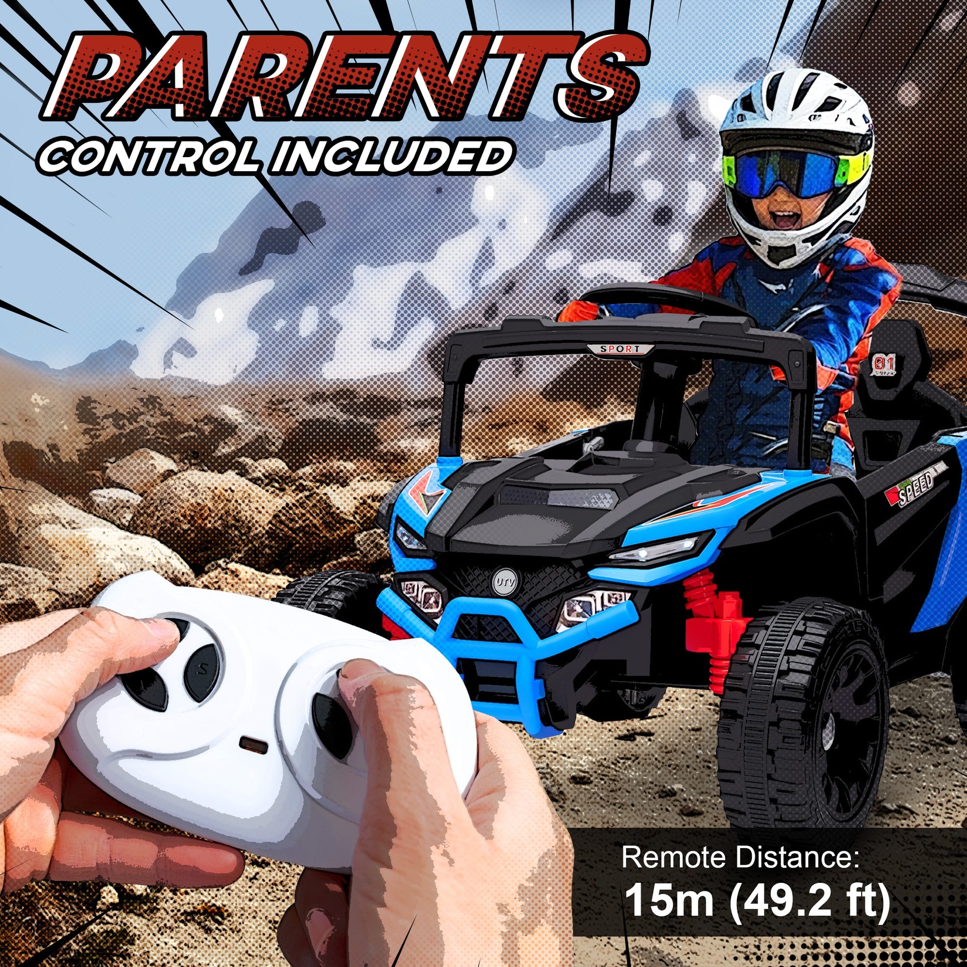 Qaba 12V Kids Ride On Truck, Battery Powered Electric UTV Vehicle with Rear Suspension, Remote Control for 3-5 Years, Blue