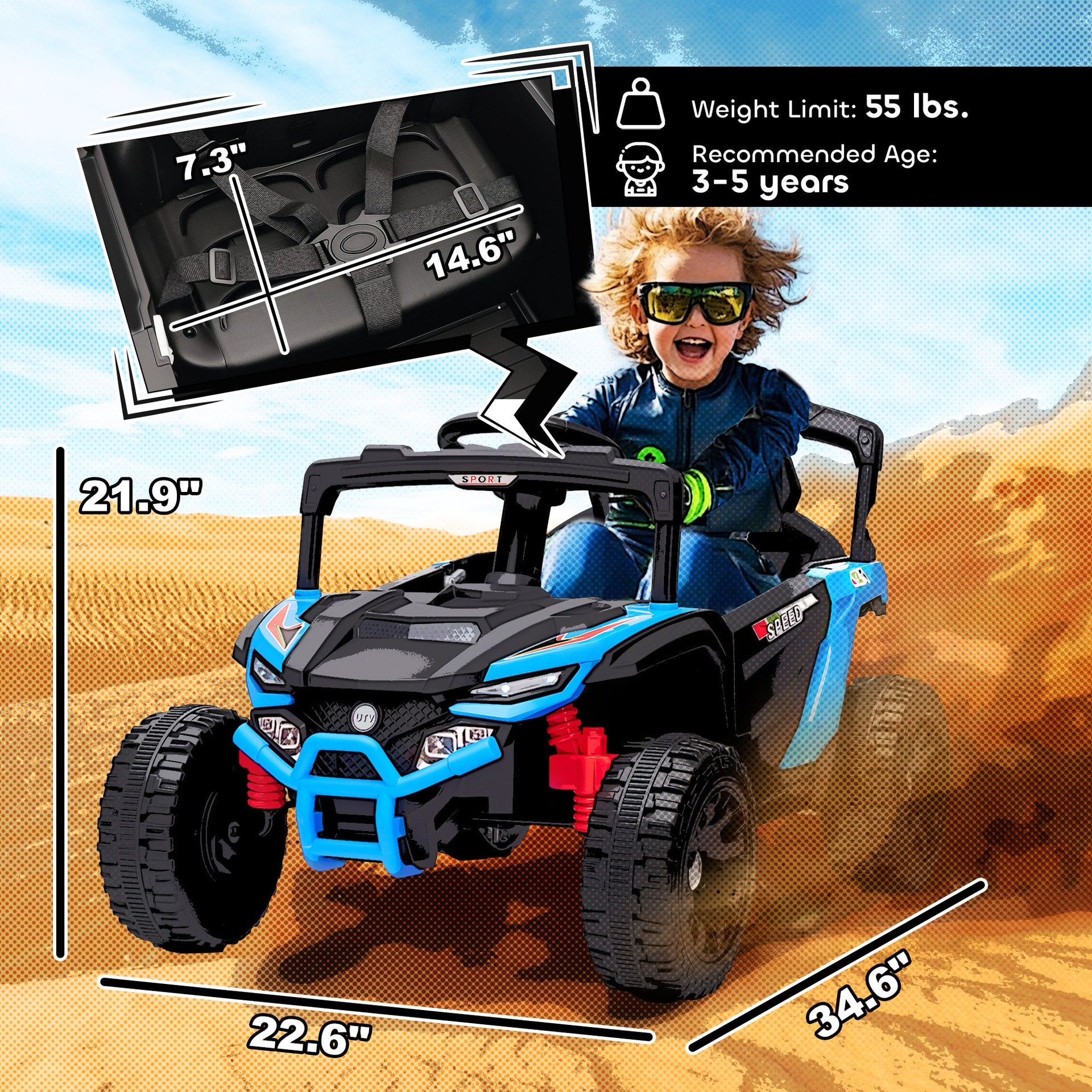 Qaba 12V Kids Ride On Truck, Battery Powered Electric UTV Vehicle with Rear Suspension, Remote Control for 3-5 Years, Blue