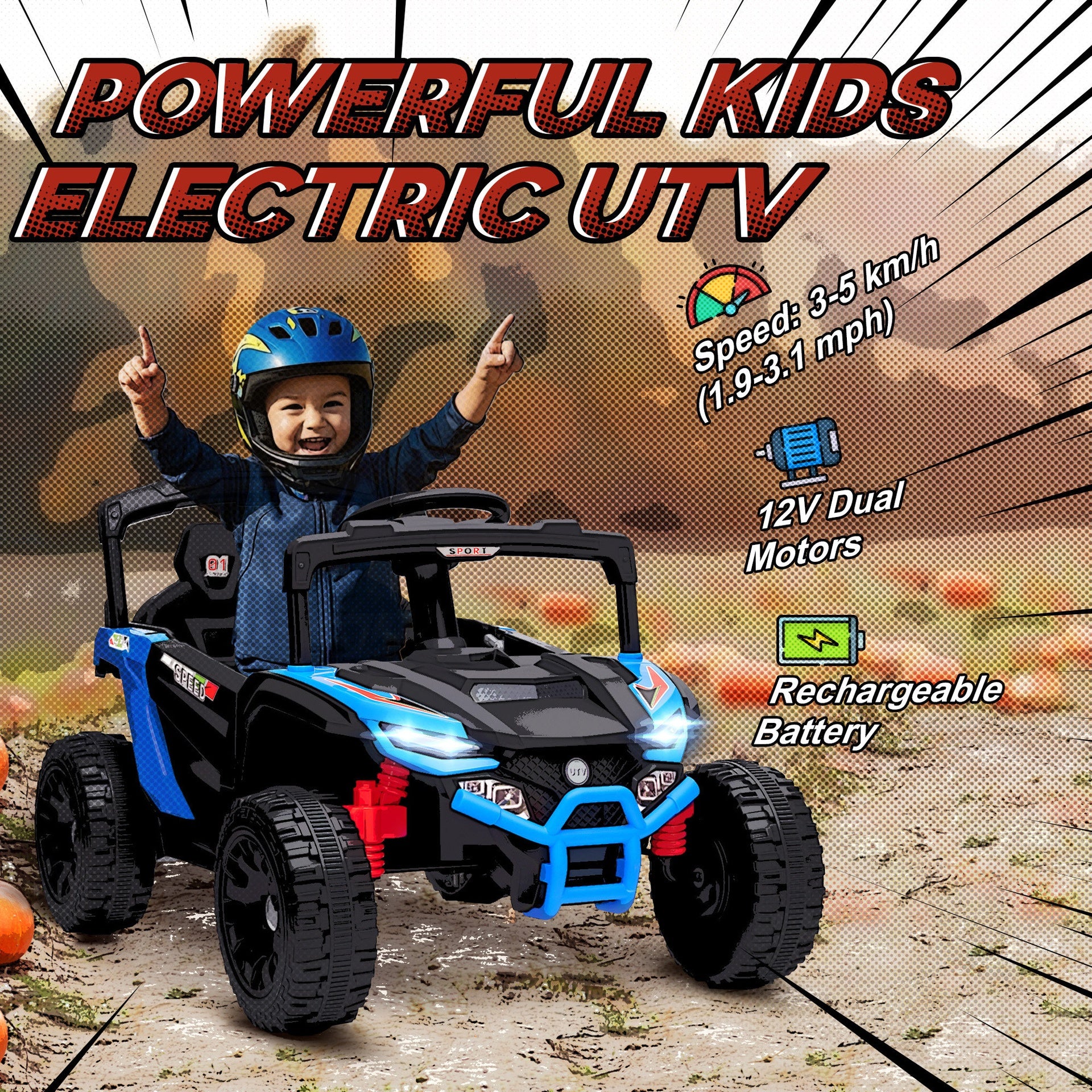 Qaba 12V Kids Ride On Truck, Battery Powered Electric UTV Vehicle with Rear Suspension, Remote Control for 3-5 Years, Blue