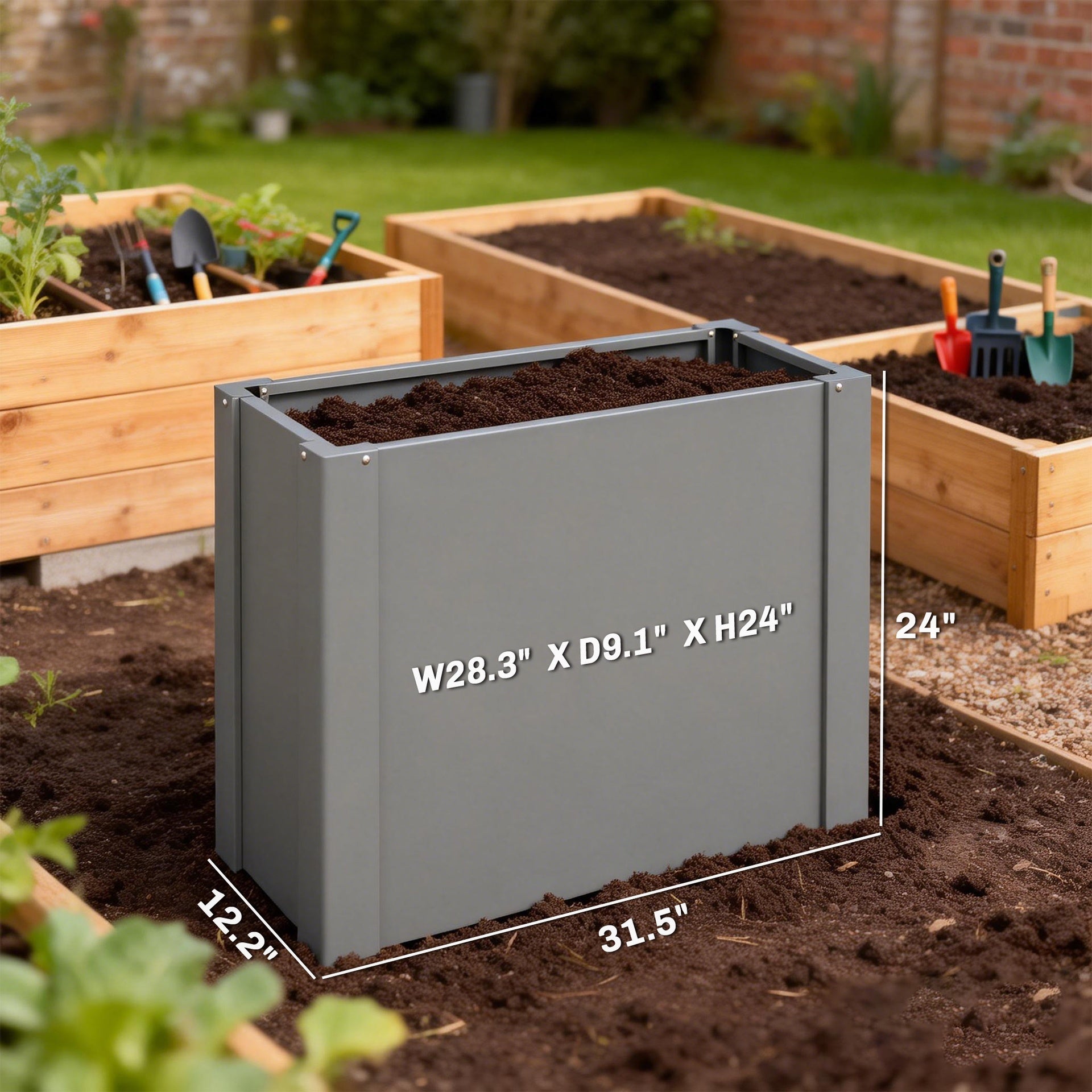 Outsunny Raised Garden Bed Galvanized Planter Box Outdoor with Gloves for Gardening Vegetables, Flower, Herb, 2.6 x 1 x 2 ft, Gray