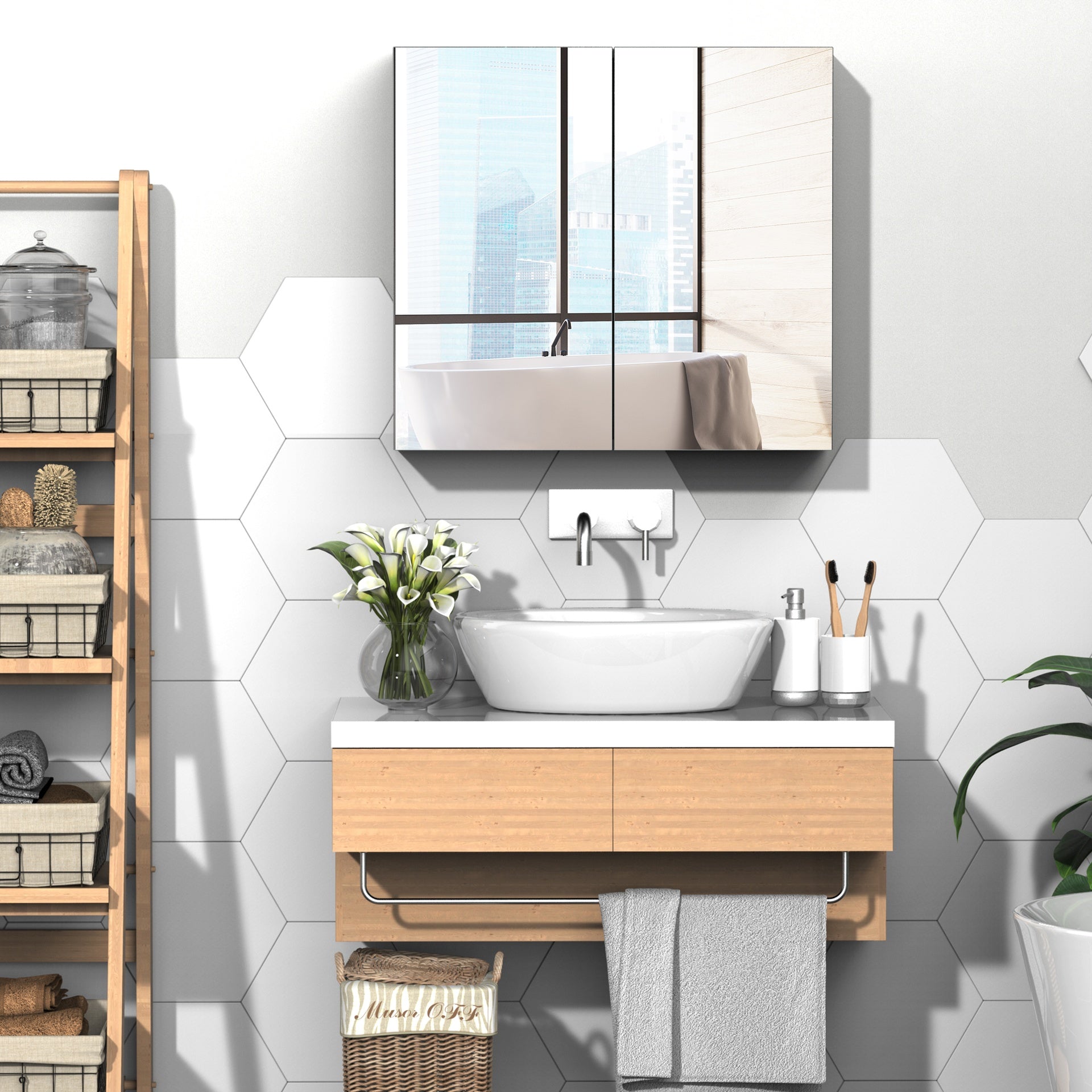 kleankin Bathroom Mirrored Cabinet, 24"x22" Steel Frame Medicine Cabinet, Wall-Mounted Storage Organizer with Double Doors, White