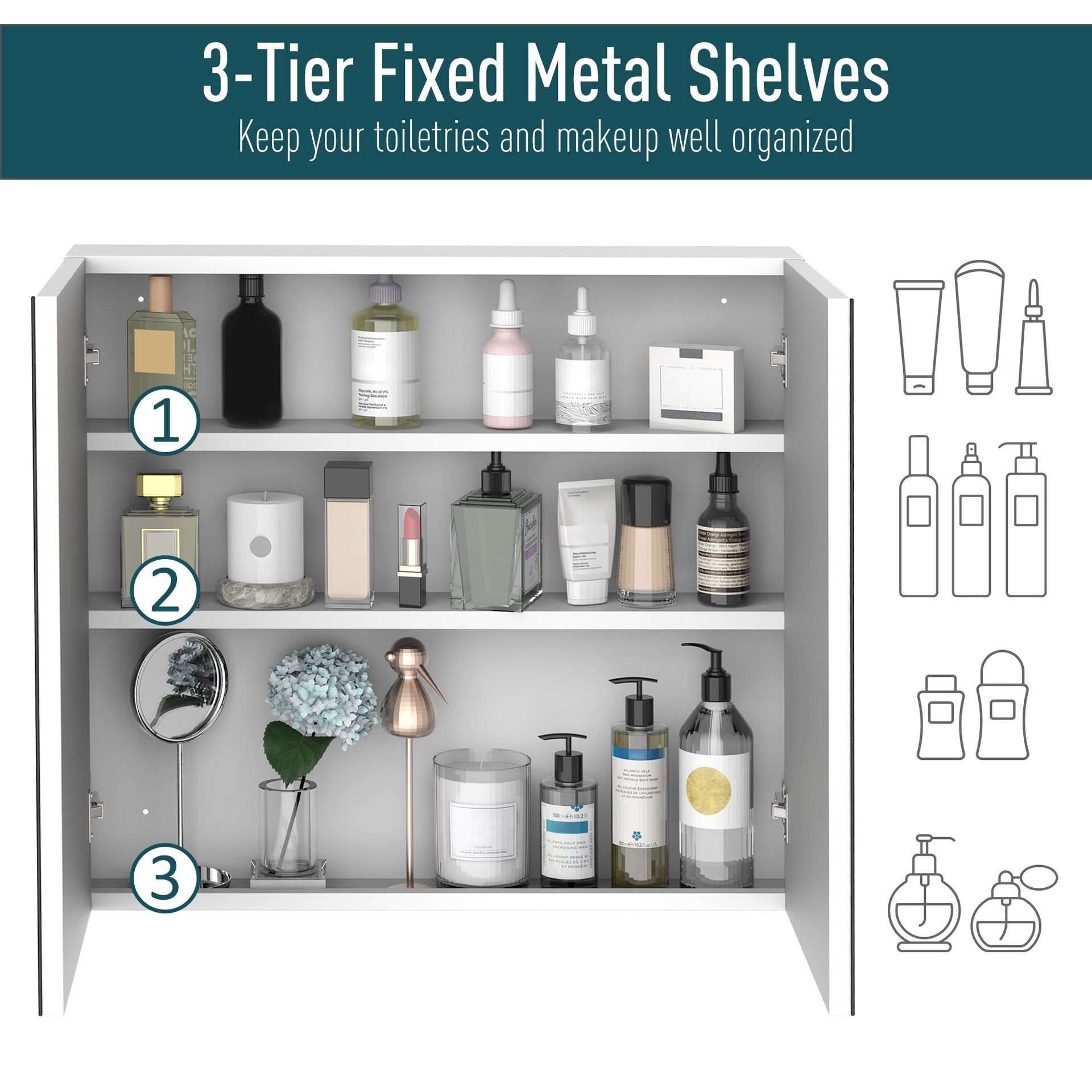 kleankin Bathroom Mirrored Cabinet, 24"x22" Steel Frame Medicine Cabinet, Wall-Mounted Storage Organizer with Double Doors, White
