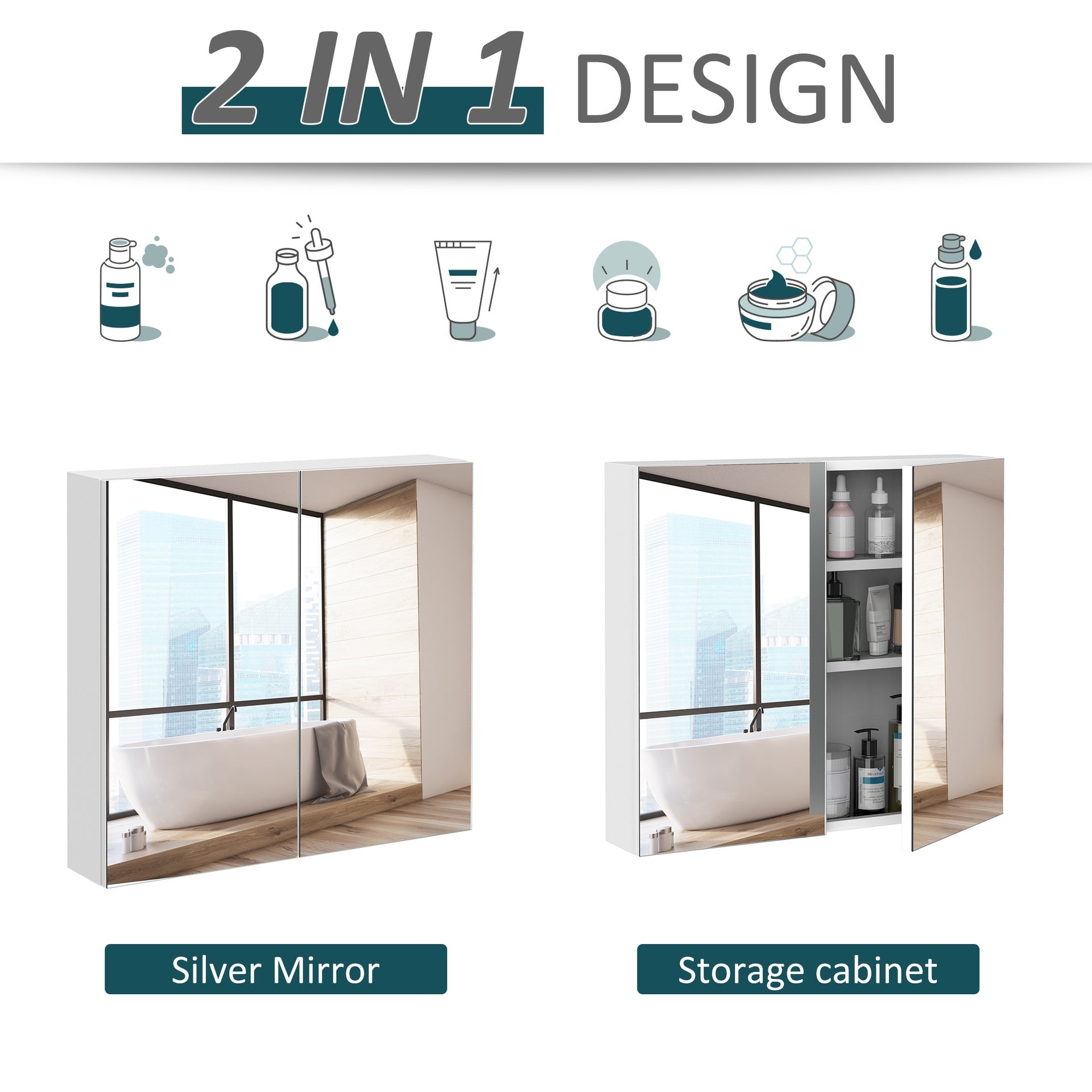 kleankin Bathroom Mirrored Cabinet, 24"x22" Steel Frame Medicine Cabinet, Wall-Mounted Storage Organizer with Double Doors, White