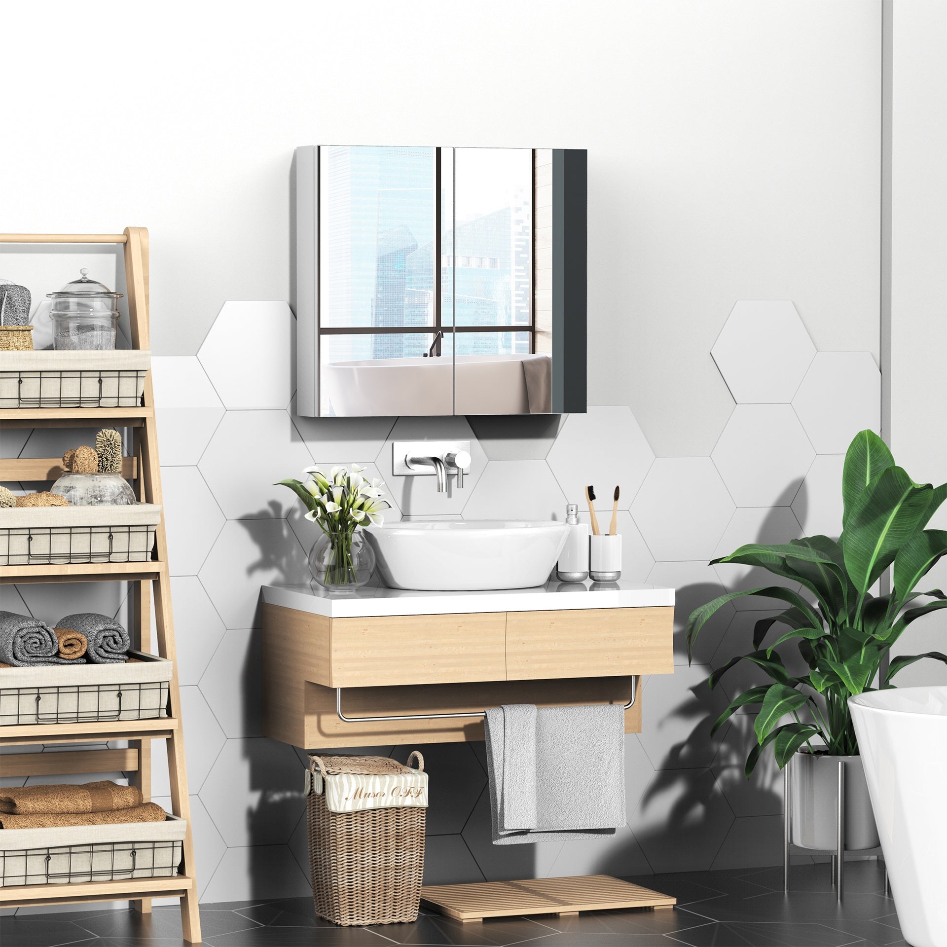 kleankin Bathroom Mirrored Cabinet, 24"x22" Steel Frame Medicine Cabinet, Wall-Mounted Storage Organizer with Double Doors, White