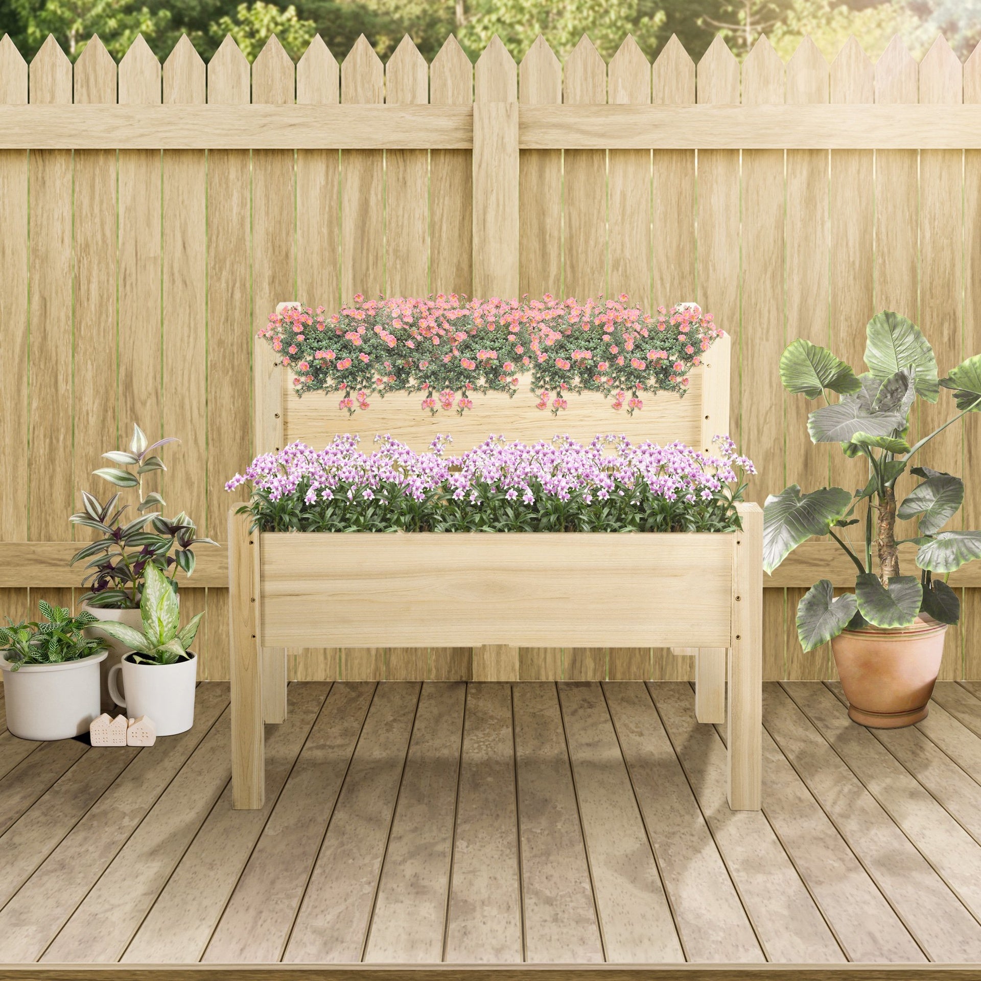 Outsunny Raised Garden Bed, 2-Tier Wood Planter Stand Plant Grow Box, 34"x34"x28"