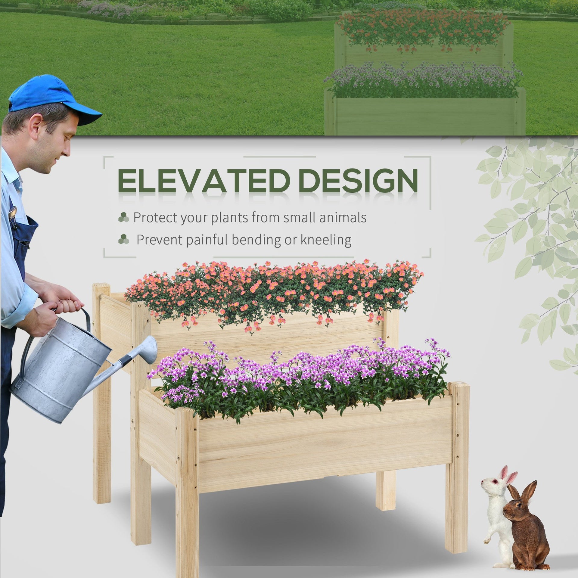 Outsunny Raised Garden Bed, 2-Tier Wood Planter Stand Plant Grow Box, 34"x34"x28"