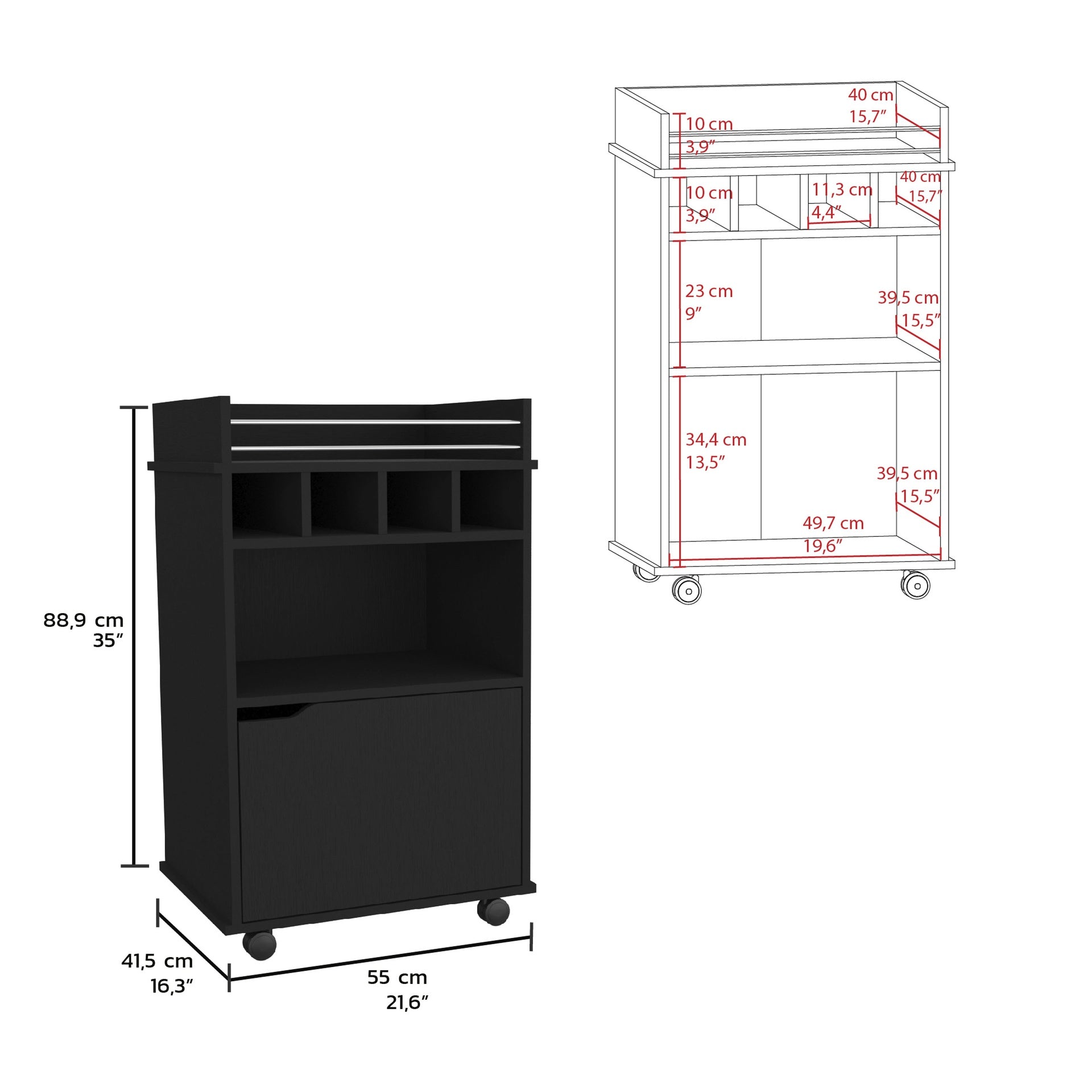 Phoenix Bar Cart with 2 Open Shelves  4 Cubbies and Cabinet