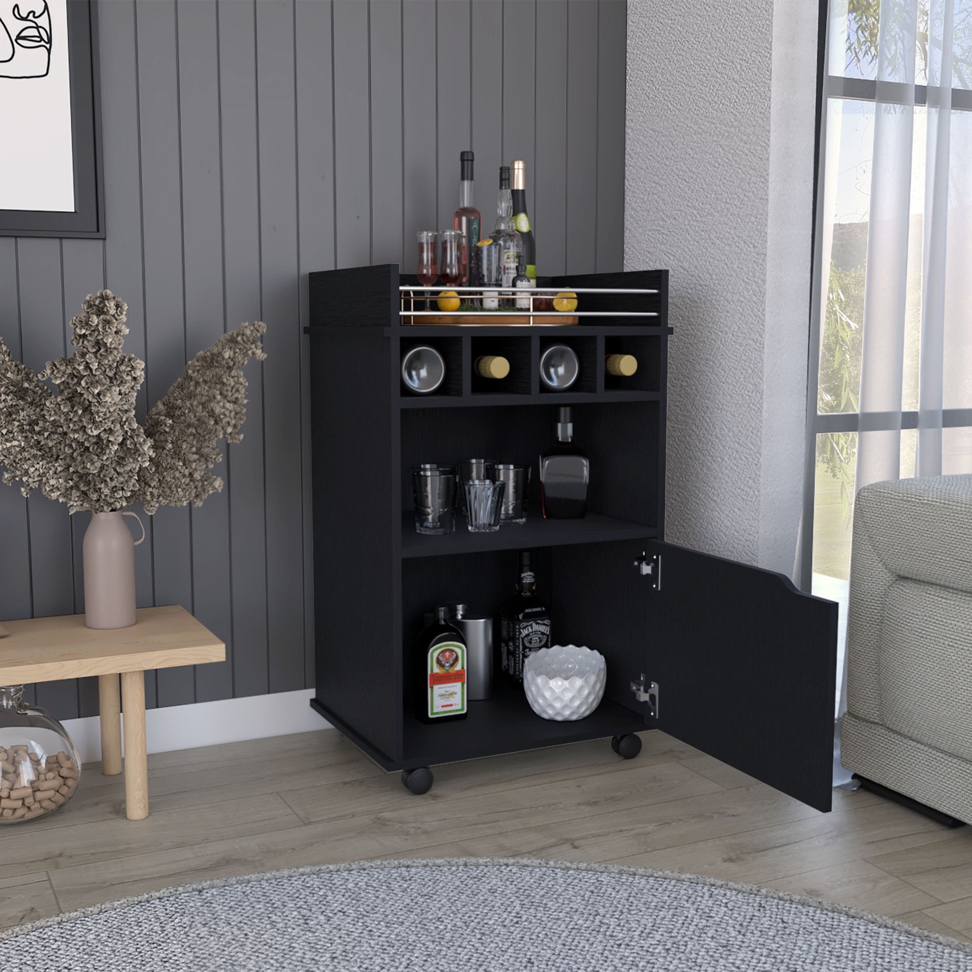 Phoenix Bar Cart with 2 Open Shelves  4 Cubbies and Cabinet