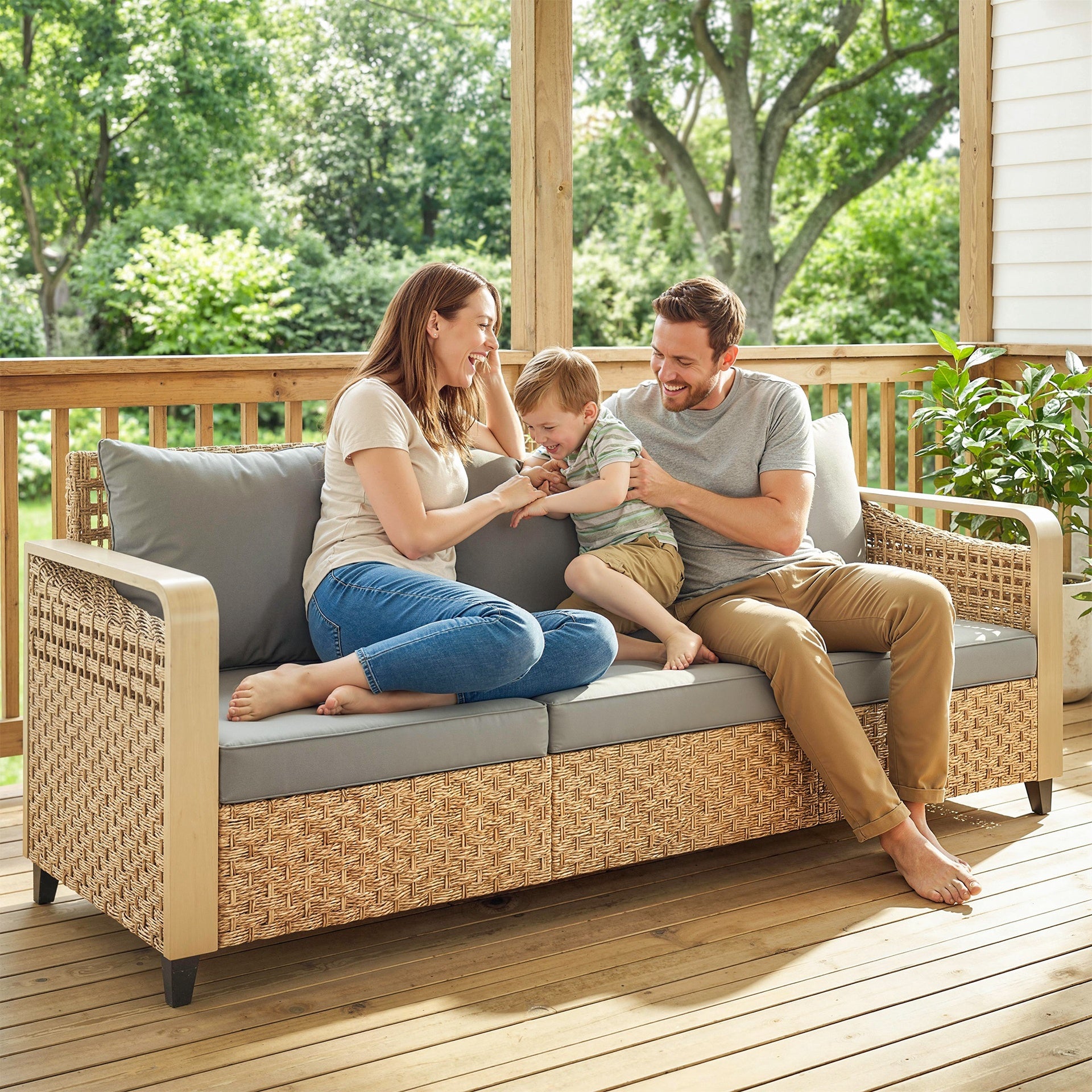 Outsunny Rattan Wicker Sofa 3-Seater Outdoor Patio Sofa with Cushions for Garden Backyard Porch Gray