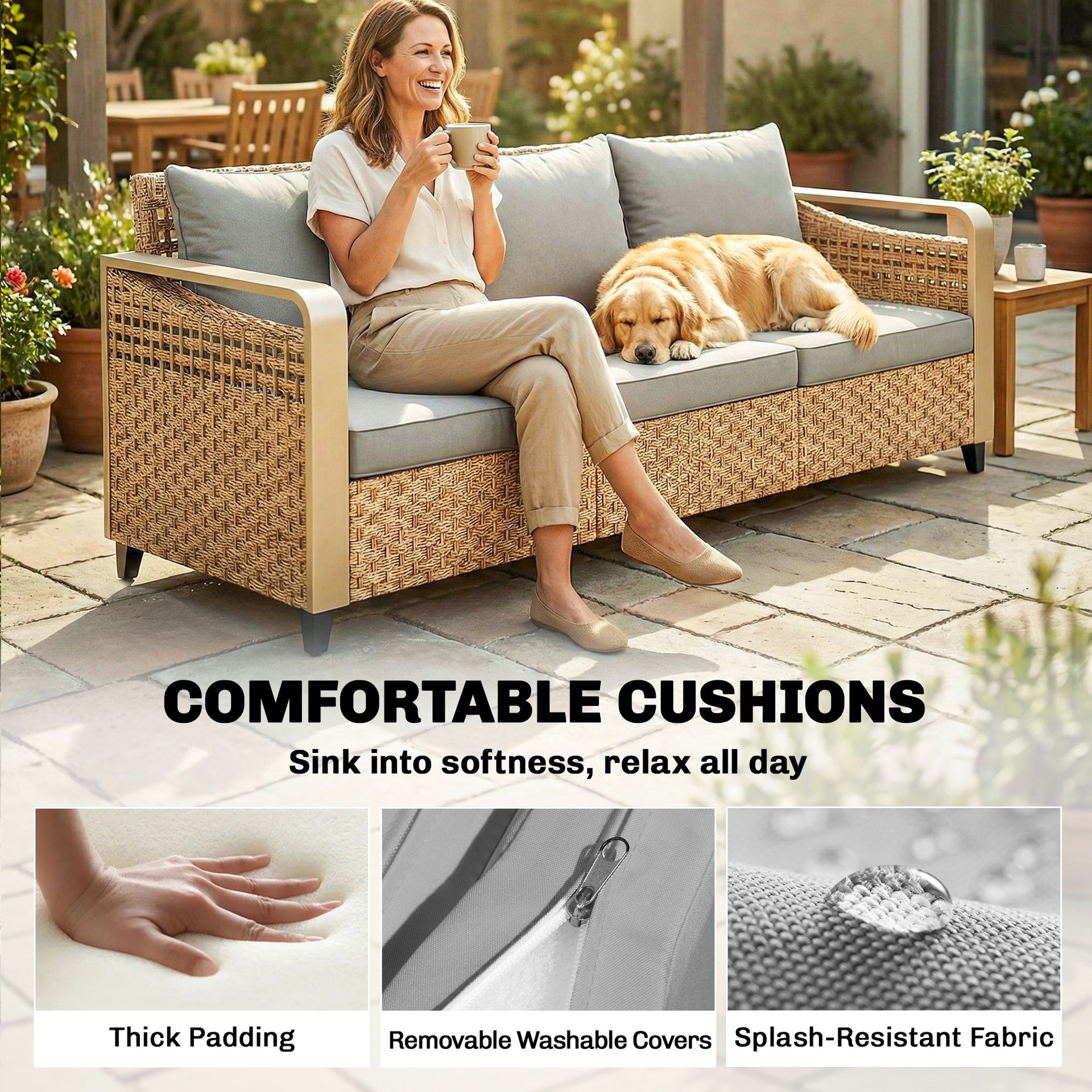 Outsunny Rattan Wicker Sofa 3-Seater Outdoor Patio Sofa with Cushions for Garden Backyard Porch Gray
