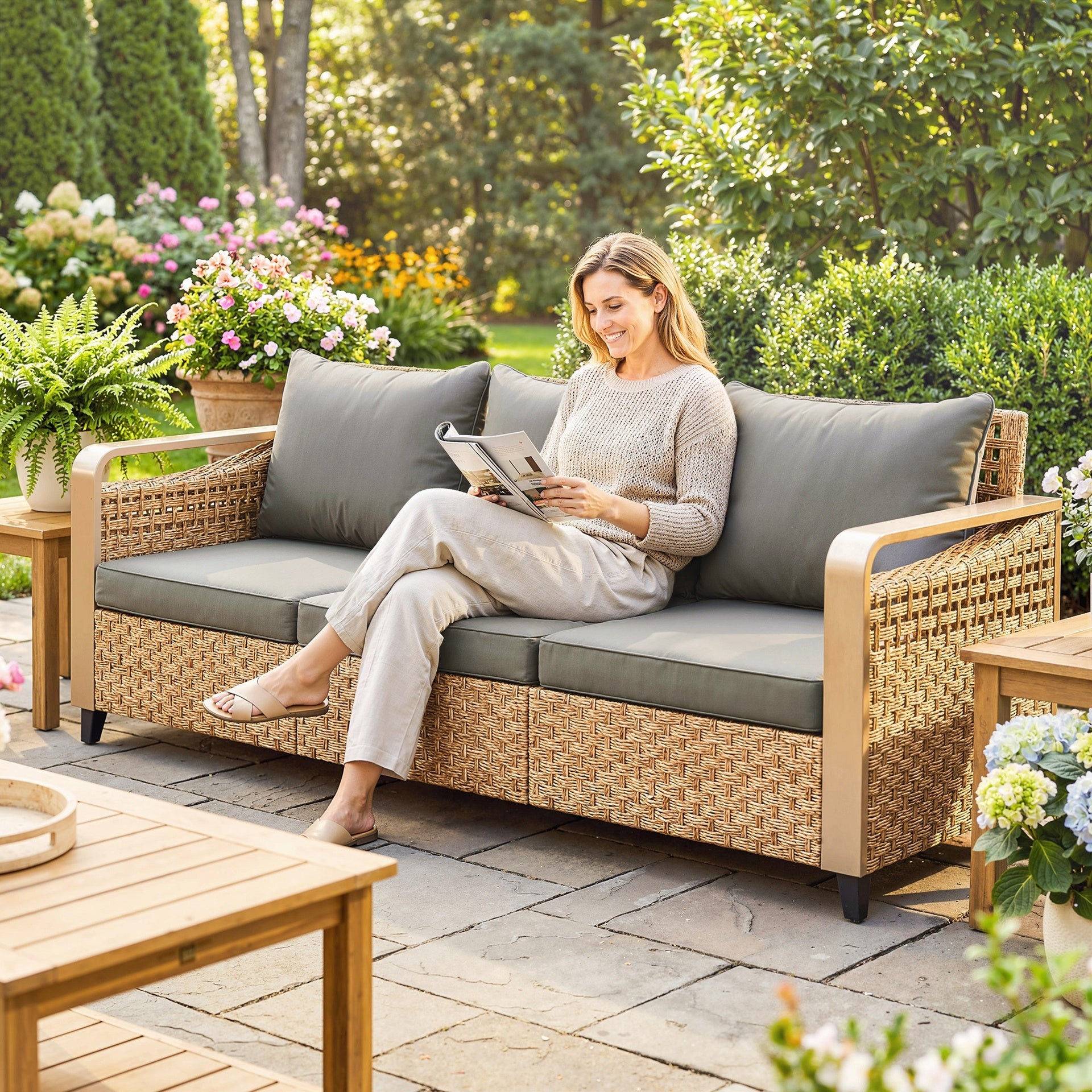 Outsunny Rattan Wicker Sofa 3-Seater Outdoor Patio Sofa with Cushions for Garden Backyard Porch Gray