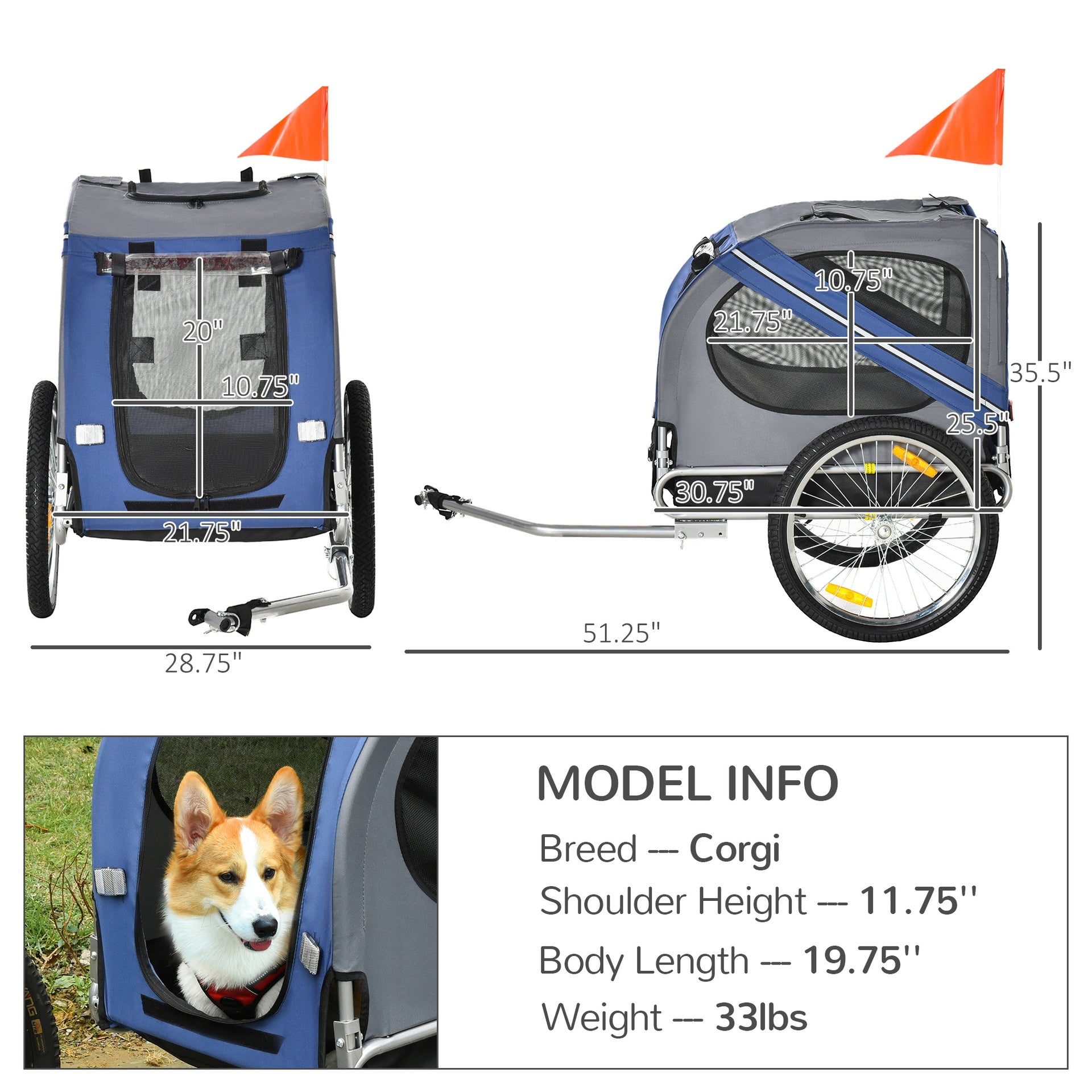 Aosom Bike Trailer Cargo Cart for Dogs and Pets with 3 Entrances Large Wheels for Off-Road & Mesh Screen, Blue/Gray
