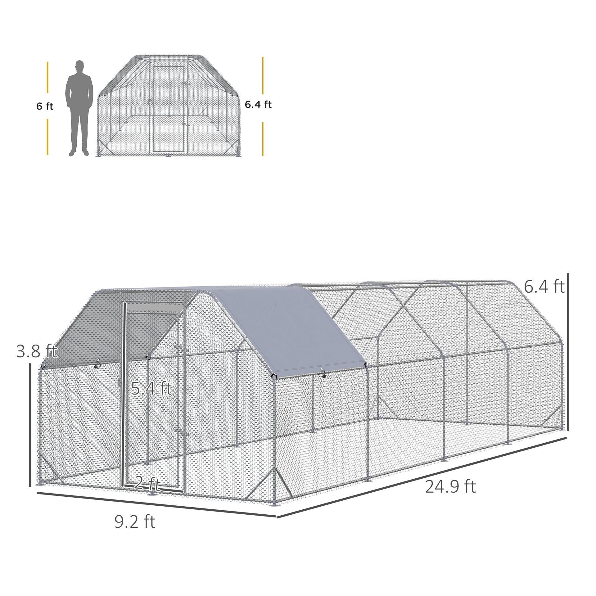 PawHut Large Chicken Coop Metal Chicken Run with Waterproof and Anti-UV Cover, Flat Shaped Walk in Fence Cage Hen House for Outdoor and Yard Farm Use, 1" Tube Diameter, 9.2' x 24.9' x 6.4'