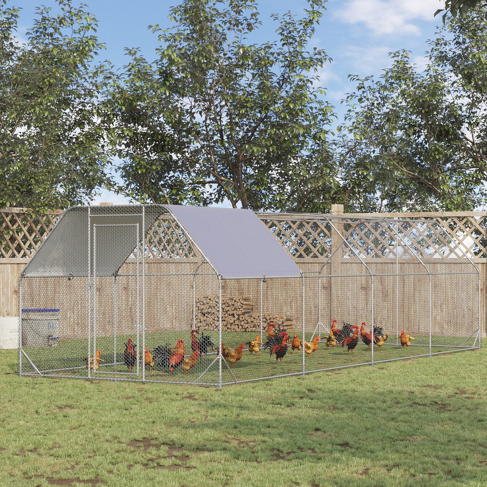 PawHut Large Chicken Coop Metal Chicken Run with Waterproof and Anti-UV Cover, Flat Shaped Walk in Fence Cage Hen House for Outdoor and Yard Farm Use, 1" Tube Diameter, 9.2' x 24.9' x 6.4'