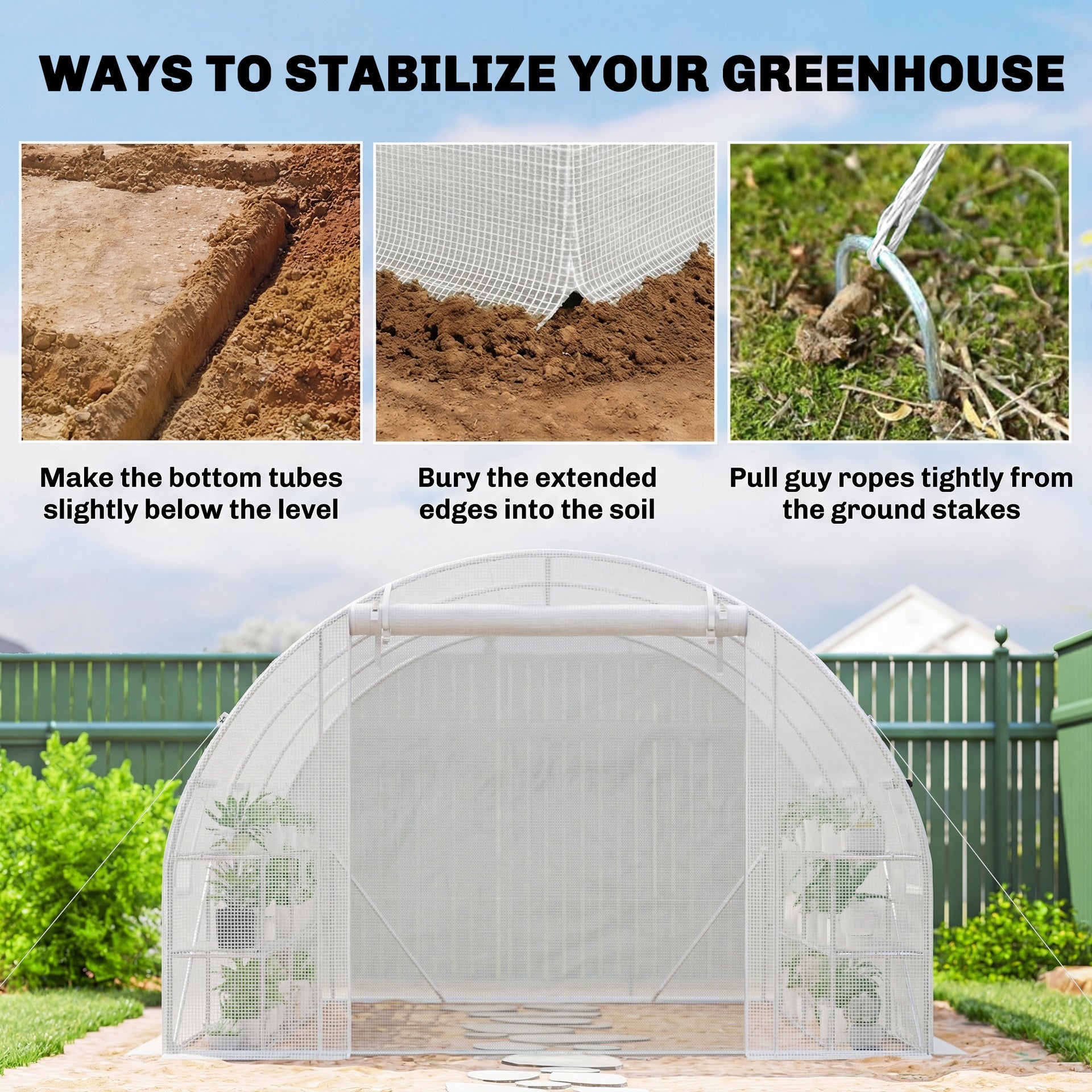 Outsunny 10'x11'x6' Walk-in Tunnel Greenhouse with Shelves, Mesh Door and Windows, Hoop House Greenhouse with PE Cover, White