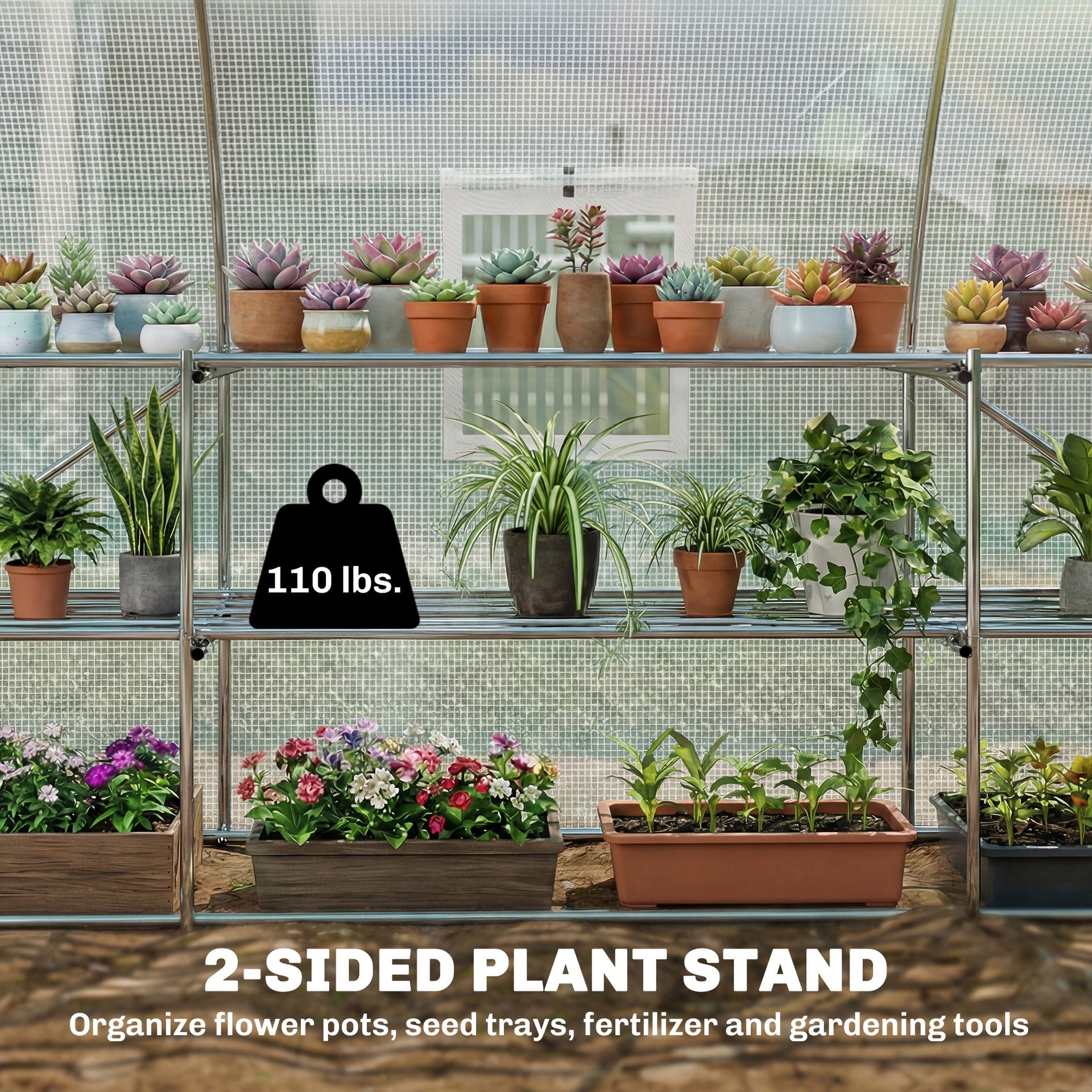 Outsunny 10'x11'x6' Walk-in Tunnel Greenhouse with Shelves, Mesh Door and Windows, Hoop House Greenhouse with PE Cover, White
