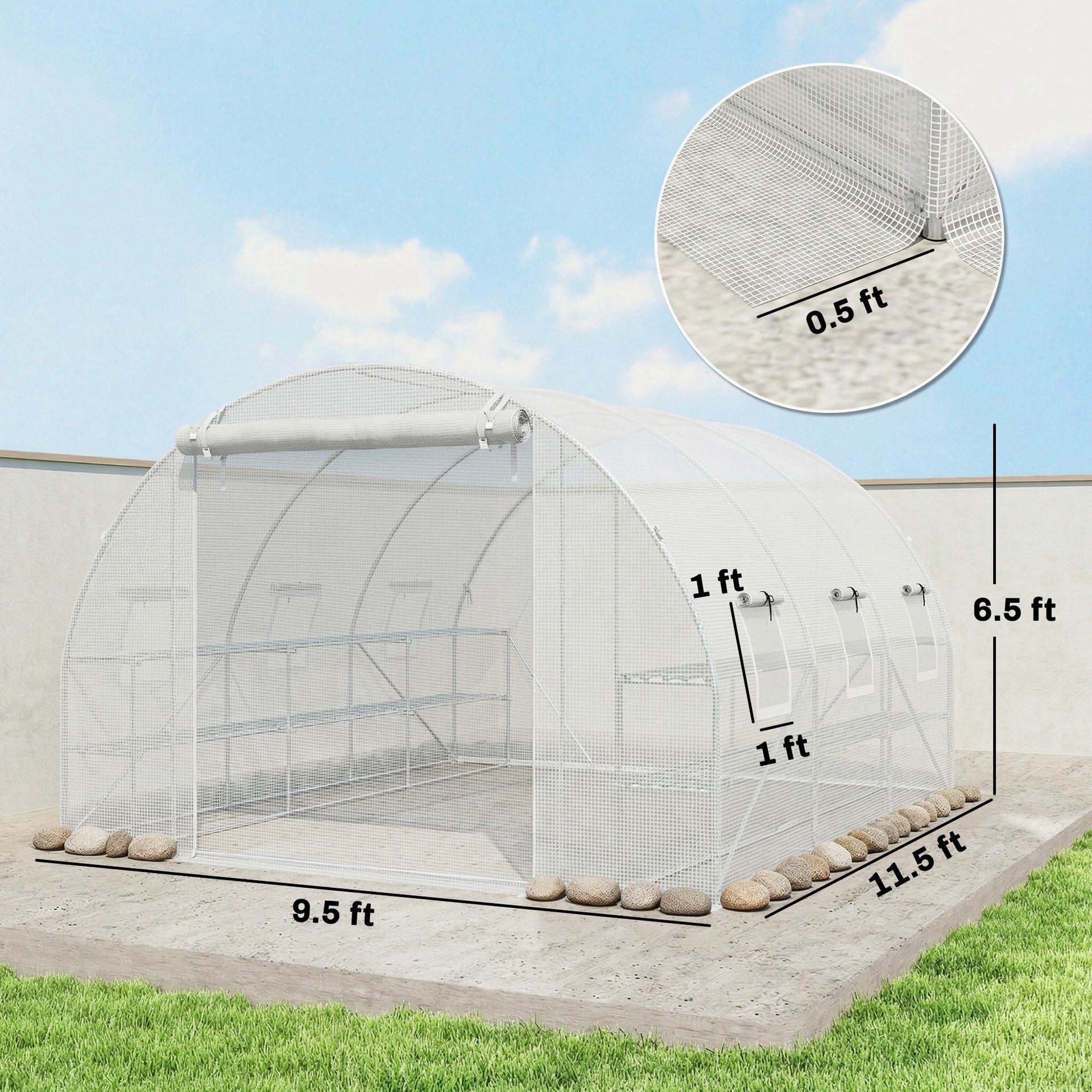 Outsunny 10'x11'x6' Walk-in Tunnel Greenhouse with Shelves, Mesh Door and Windows, Hoop House Greenhouse with PE Cover, White