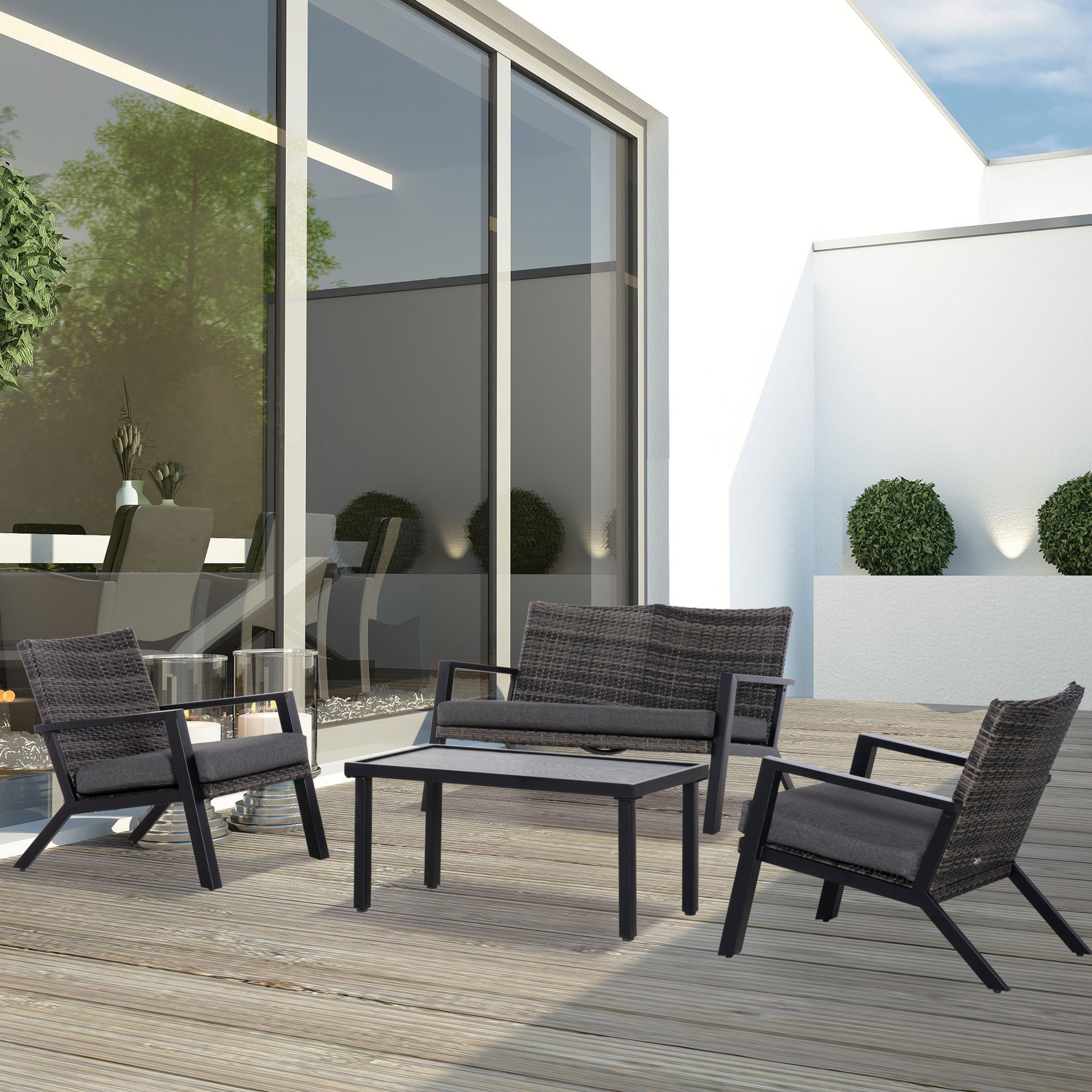 Outsunny 4 Piece Patio Furniture Set, 2 PE Wicker Chairs, Loveseat Sofa, Outdoor Coffee Table, Soft Cushions, Couch & Armchairs for Backyard, Garden, Black