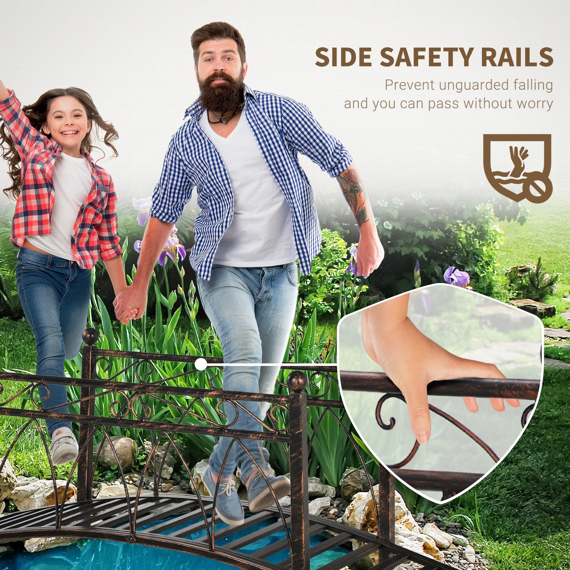 Outsunny 3.3' Metal Arch Zen Garden Bridge with Safety Siderails, Decorative Footbridge, Delicate Scrollwork & Corner Spheres for Stream, Fish Pond, Bronze