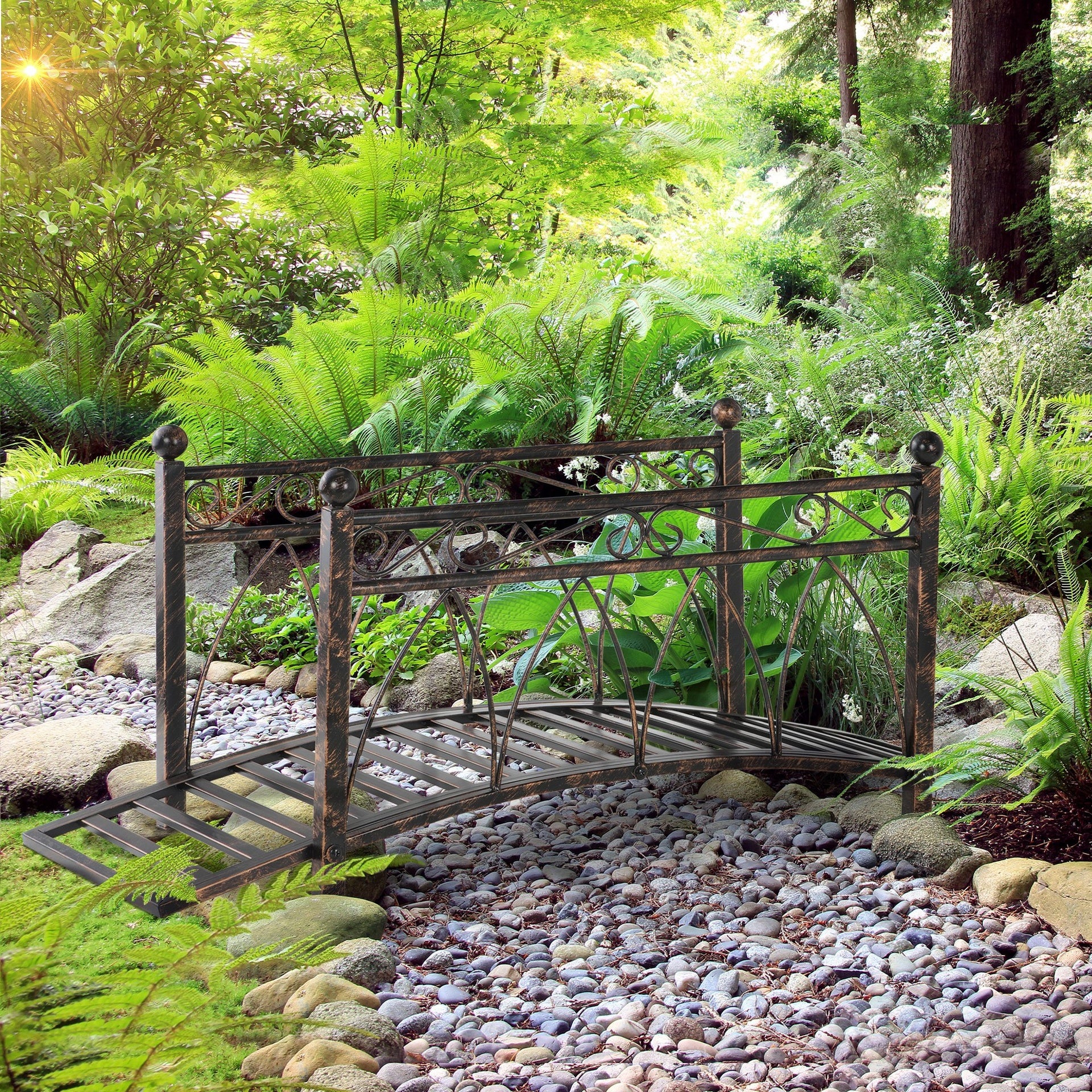 Outsunny 3.3' Metal Arch Zen Garden Bridge with Safety Siderails, Decorative Footbridge, Delicate Scrollwork & Corner Spheres for Stream, Fish Pond, Bronze