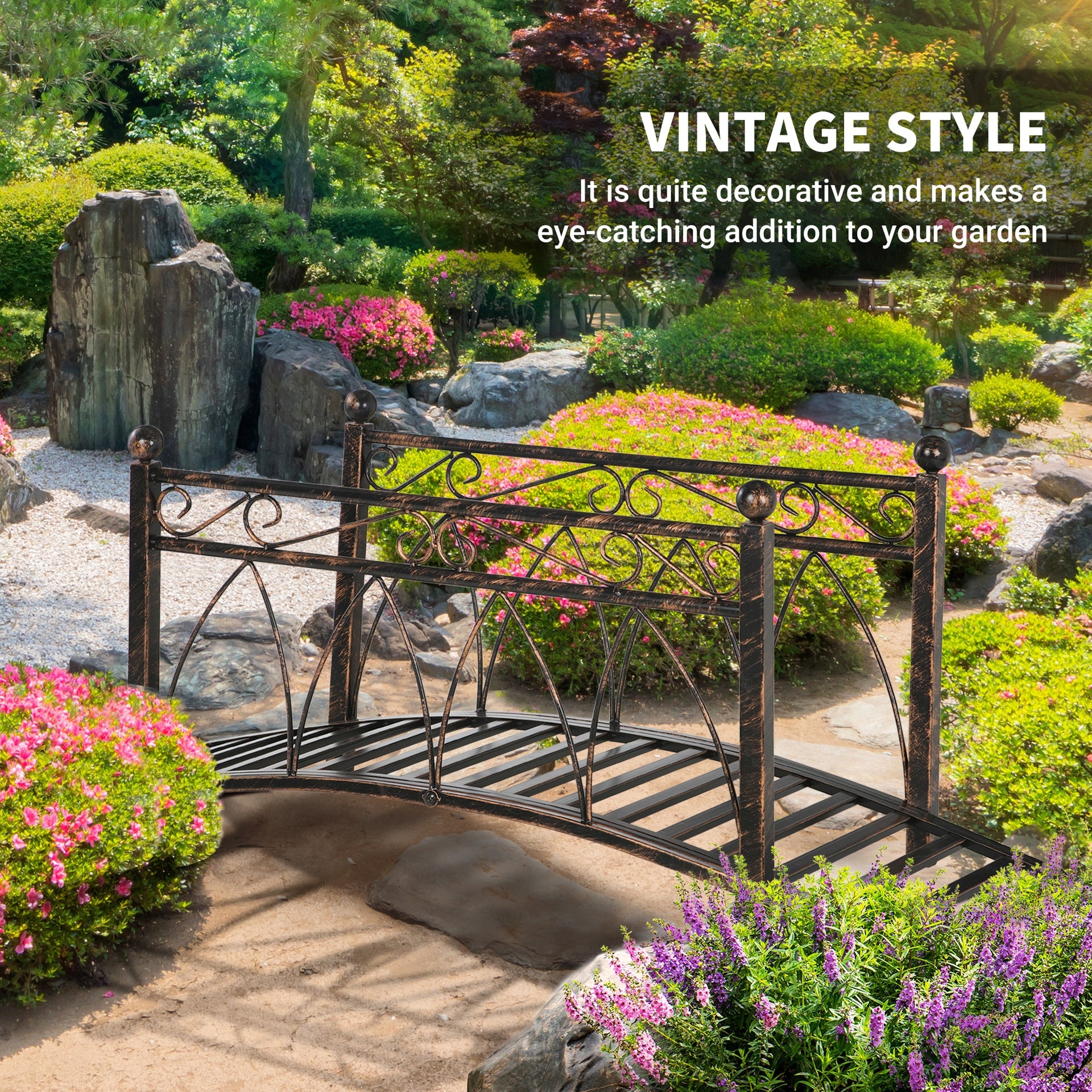 Outsunny 3.3' Metal Arch Zen Garden Bridge with Safety Siderails, Decorative Footbridge, Delicate Scrollwork & Corner Spheres for Stream, Fish Pond, Bronze