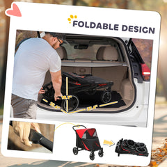 PawHut Dog Stroller for Large Medium Small Dogs up to 66 Lbs. 23.5" in Body Length, One-Click Foldable Pet Cat Stroller with Storage, Shock Absorption Wheels, Mesh Window, Safety Leash, Red
