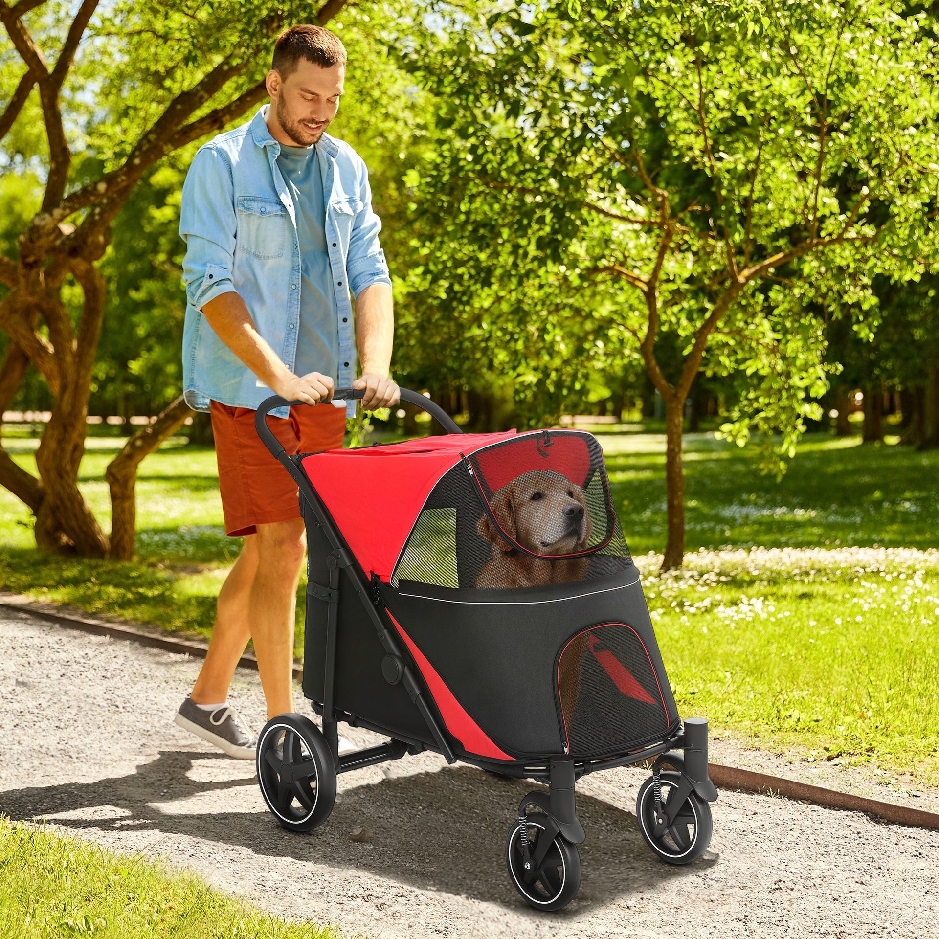 PawHut Dog Stroller for Large Medium Small Dogs up to 66 Lbs. 23.5" in Body Length, One-Click Foldable Pet Cat Stroller with Storage, Shock Absorption Wheels, Mesh Window, Safety Leash, Red