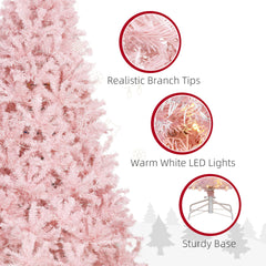 HOMCOM 7.5 FT Tall PreLit Artificial Christmas Tree with Realistic Branches, 500 Warm White LED Lights and 1346 Tips, Pink