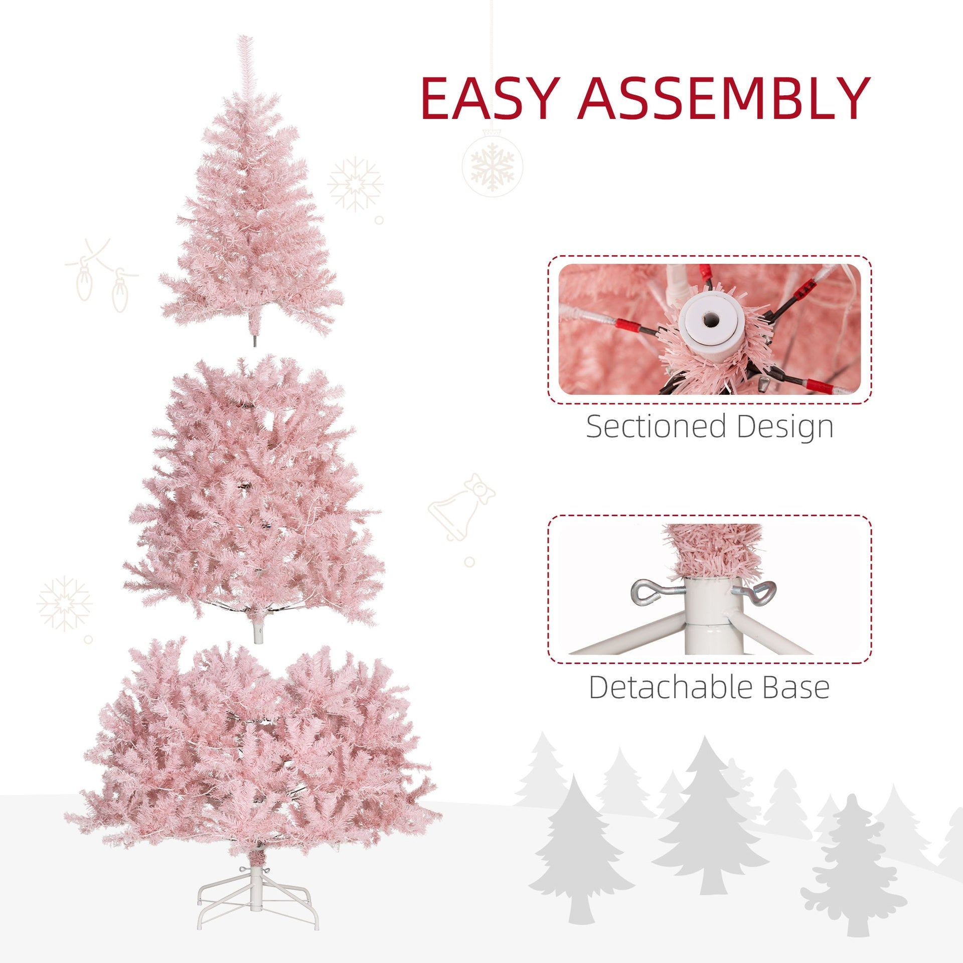 HOMCOM 7.5 FT Tall PreLit Artificial Christmas Tree with Realistic Branches, 500 Warm White LED Lights and 1346 Tips, Pink
