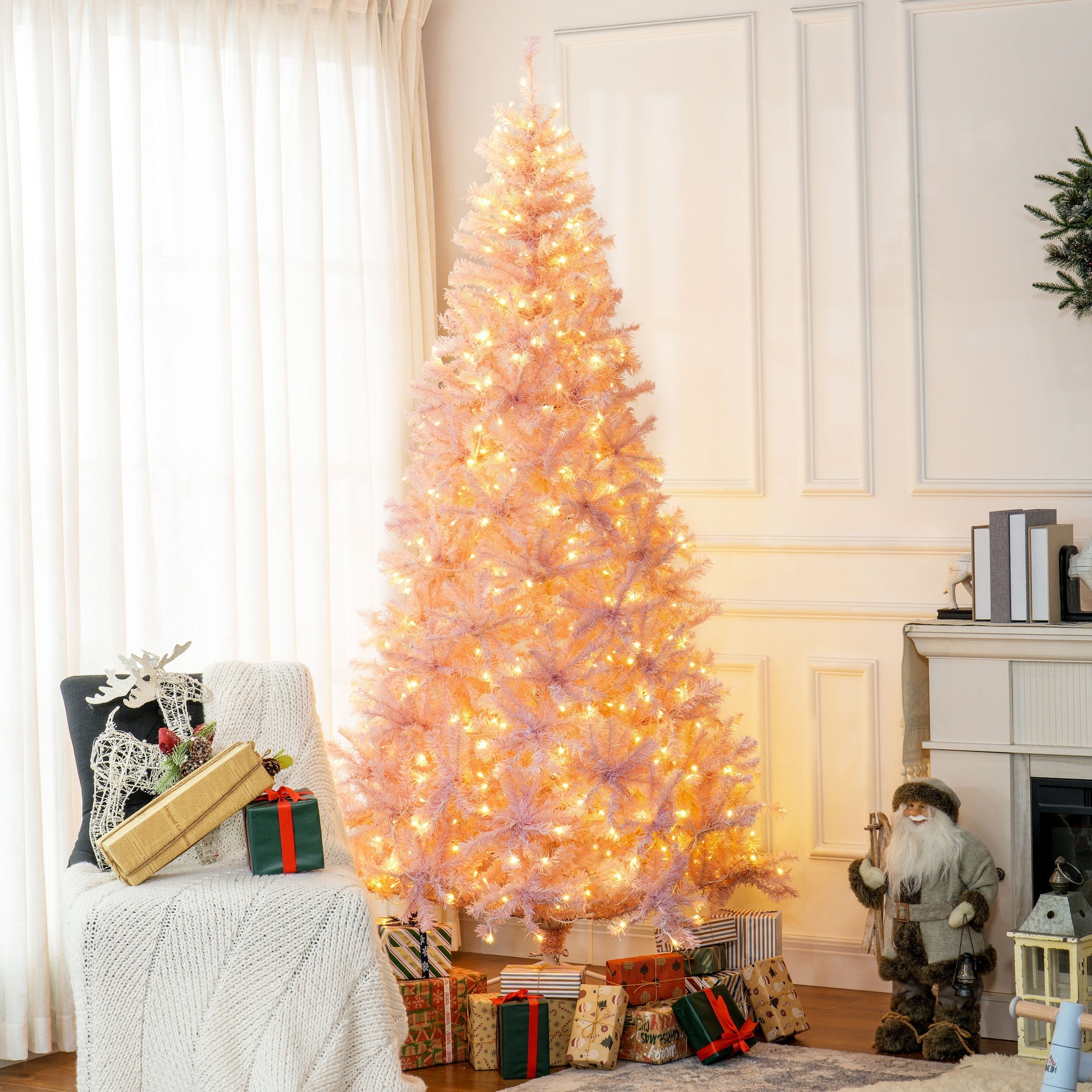 HOMCOM 7.5 FT Tall PreLit Artificial Christmas Tree with Realistic Branches, 500 Warm White LED Lights and 1346 Tips, Pink