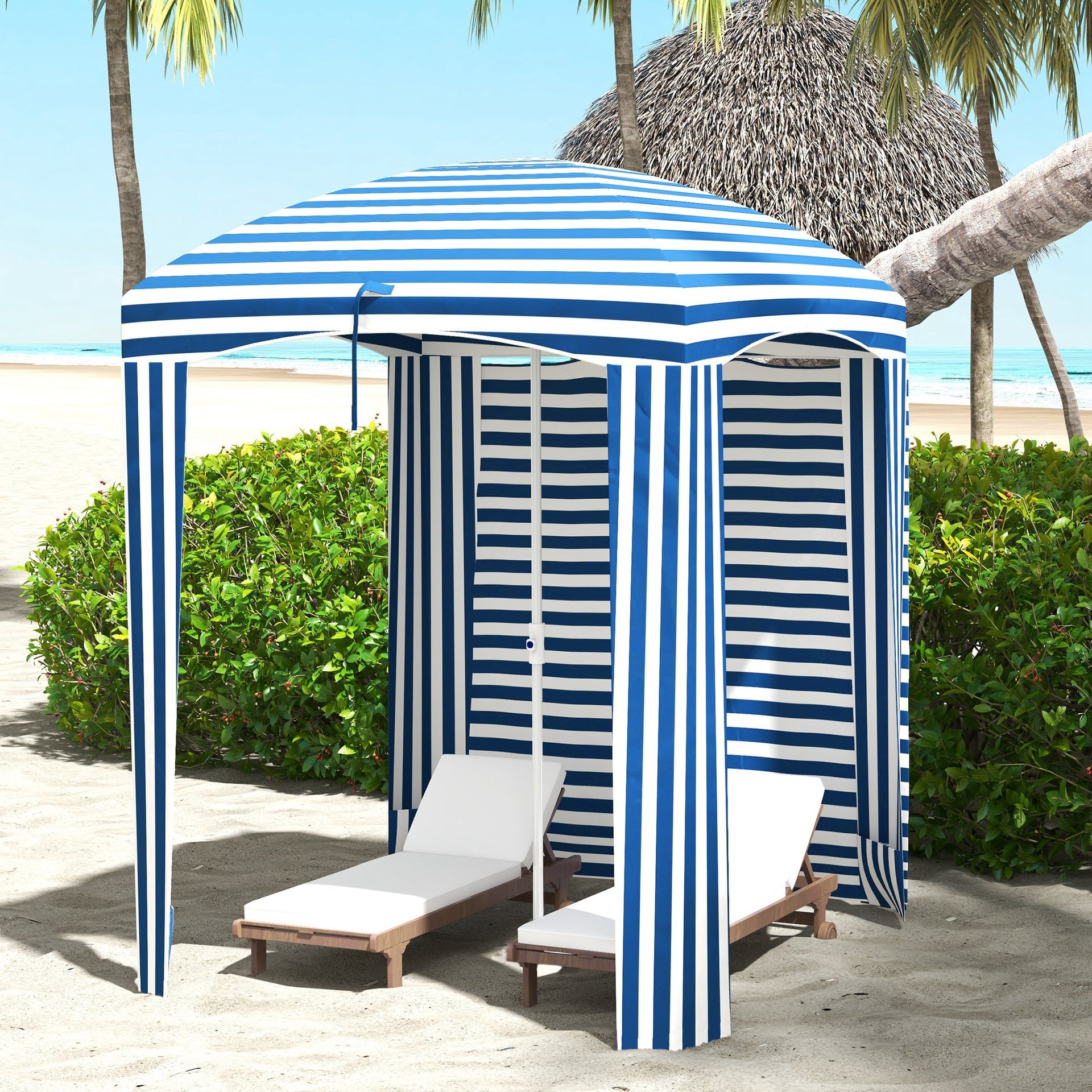 Outsunny 5.8' x 5.8' Cabana Umbrella with Walls, Vents, Ruffles, Carry Bag, Beach Umbrella, Blue White Stripe