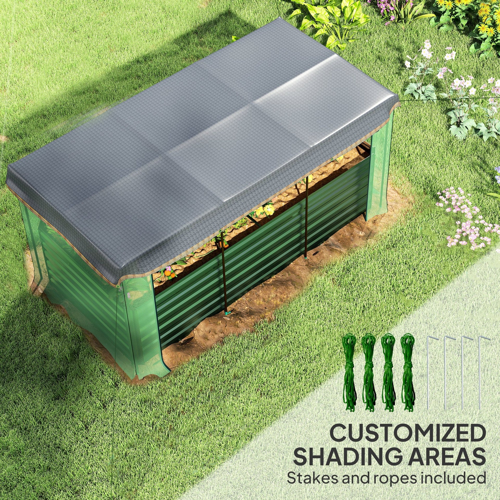 Outsunny Galvanized Steel Planter Box with Crop Cage and Shade Cloth, Raised Garden Bed for Flowers, Veggies and Herbs, Green