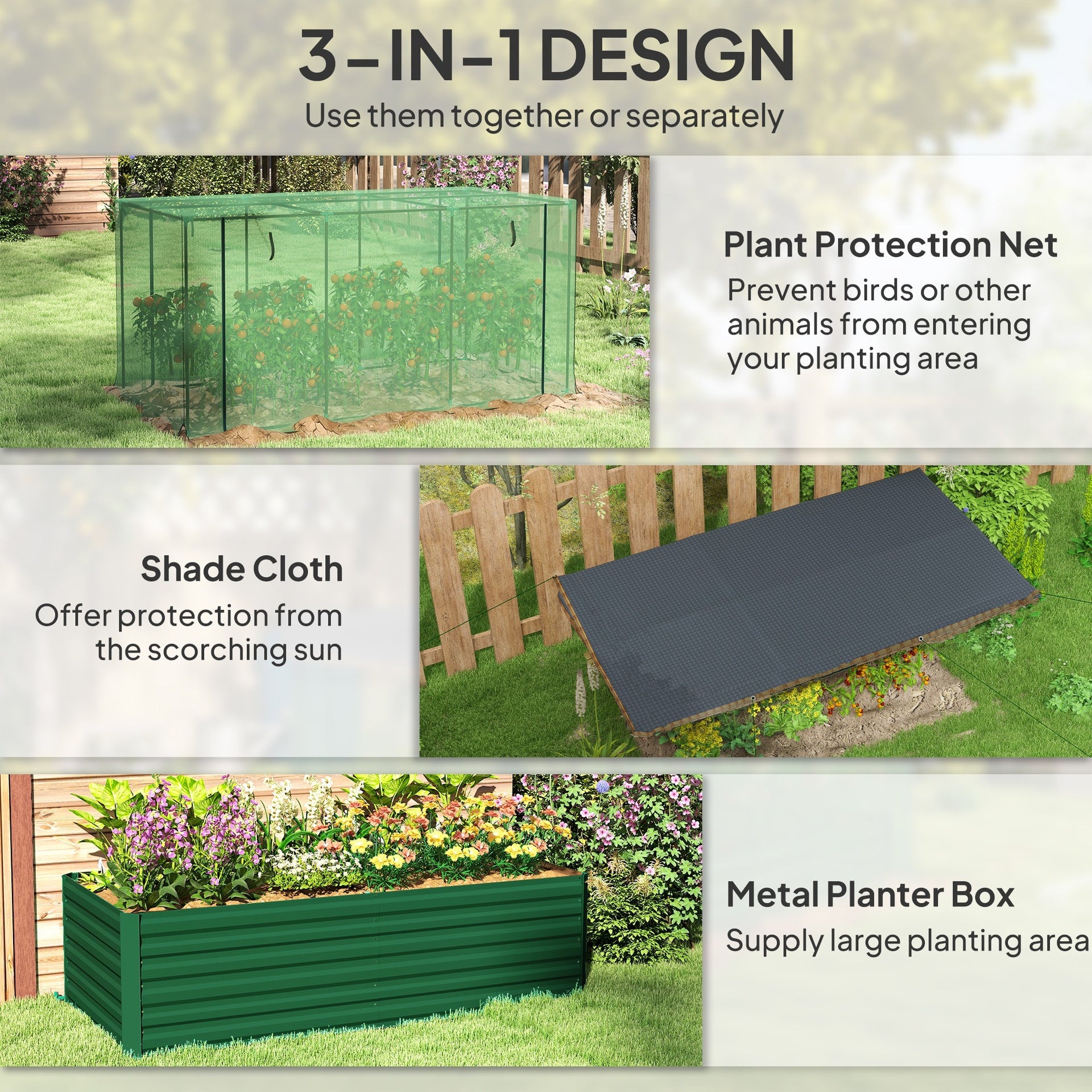 Outsunny Galvanized Steel Planter Box with Crop Cage and Shade Cloth, Raised Garden Bed for Flowers, Veggies and Herbs, Green