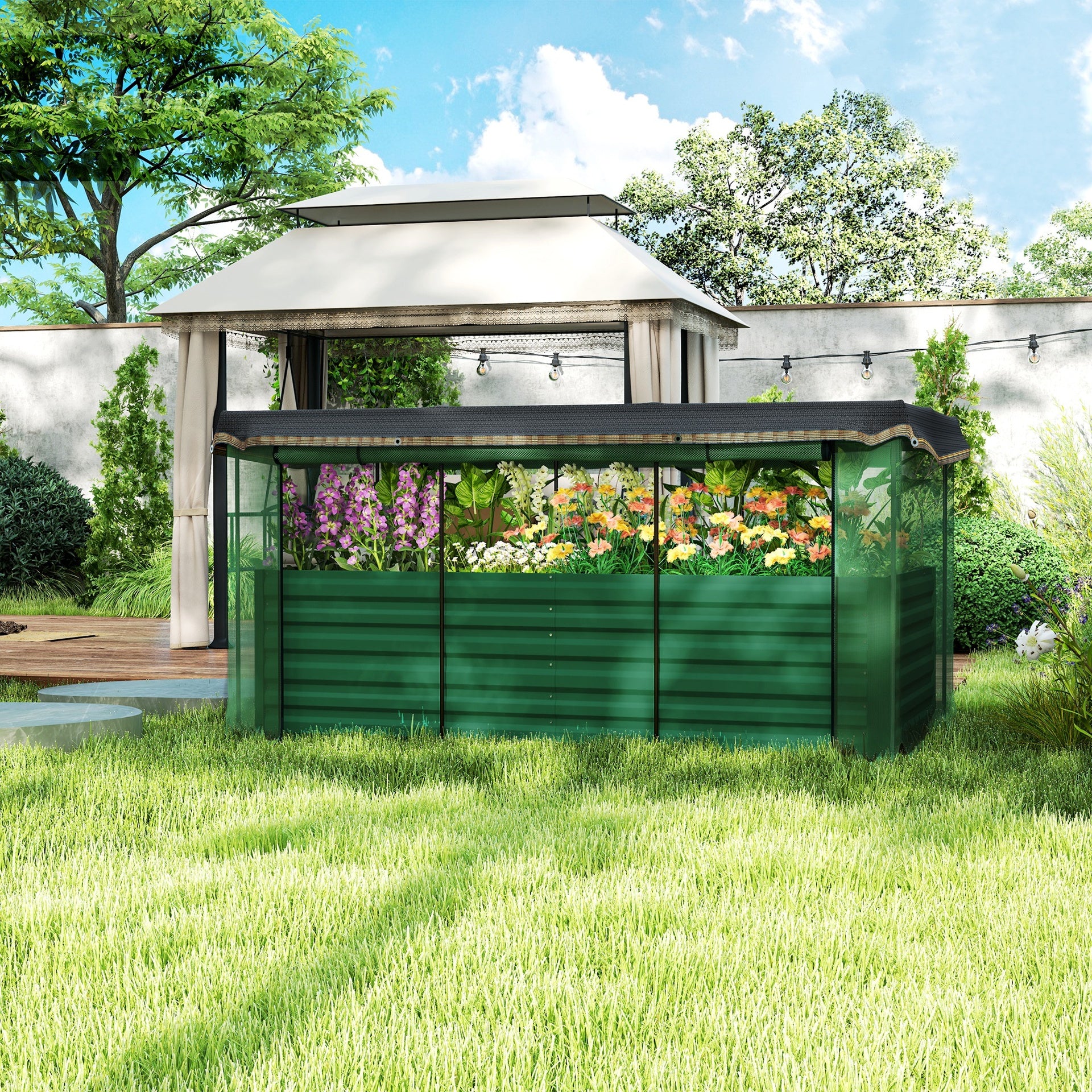 Outsunny Galvanized Steel Planter Box with Crop Cage and Shade Cloth, Raised Garden Bed for Flowers, Veggies and Herbs, Green