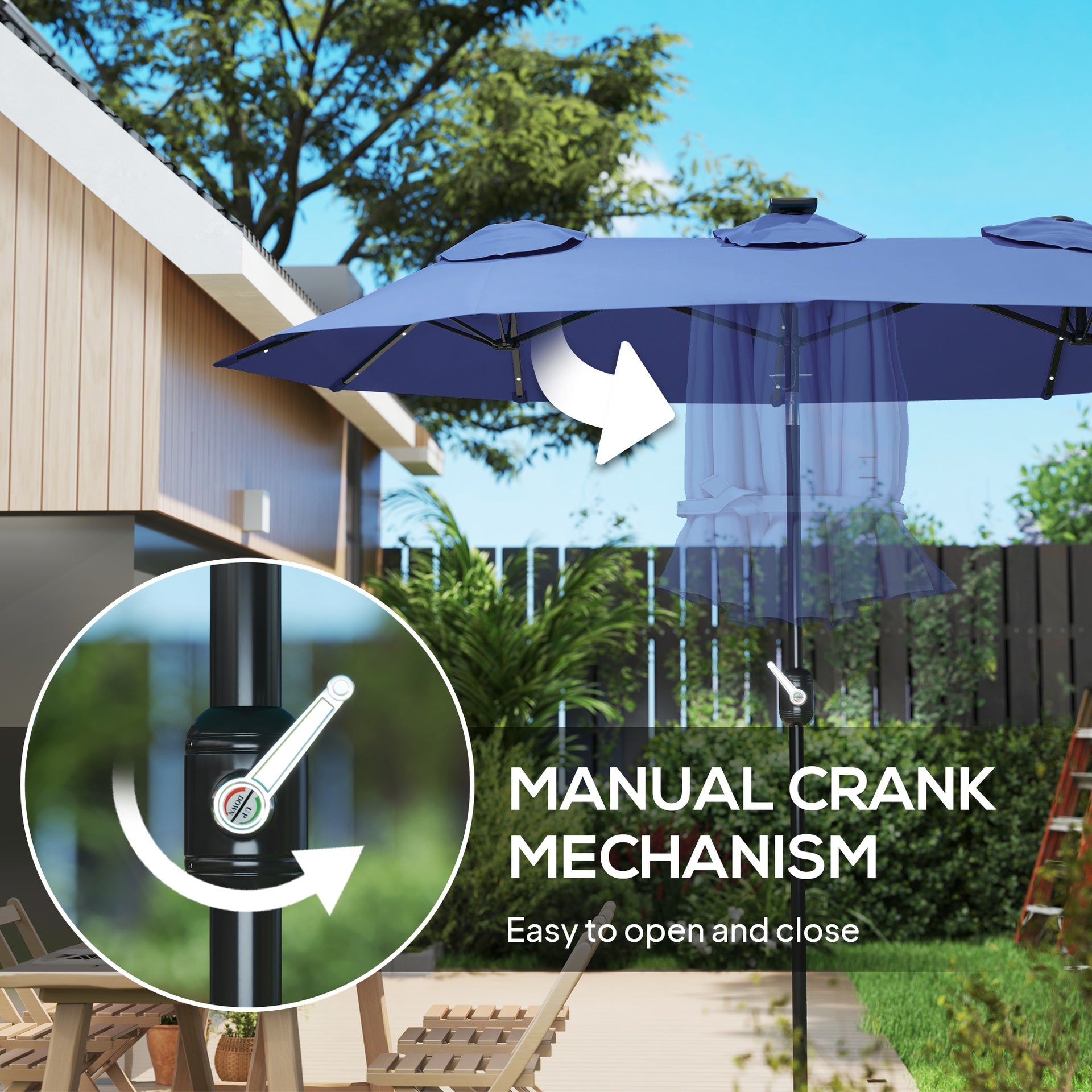 Outsunny Double-sided Patio Umbrella, 9.7' Outdoor Umbrella with Tilt and Crank, LED Solar Light and 12 Ribs, Navy Blue