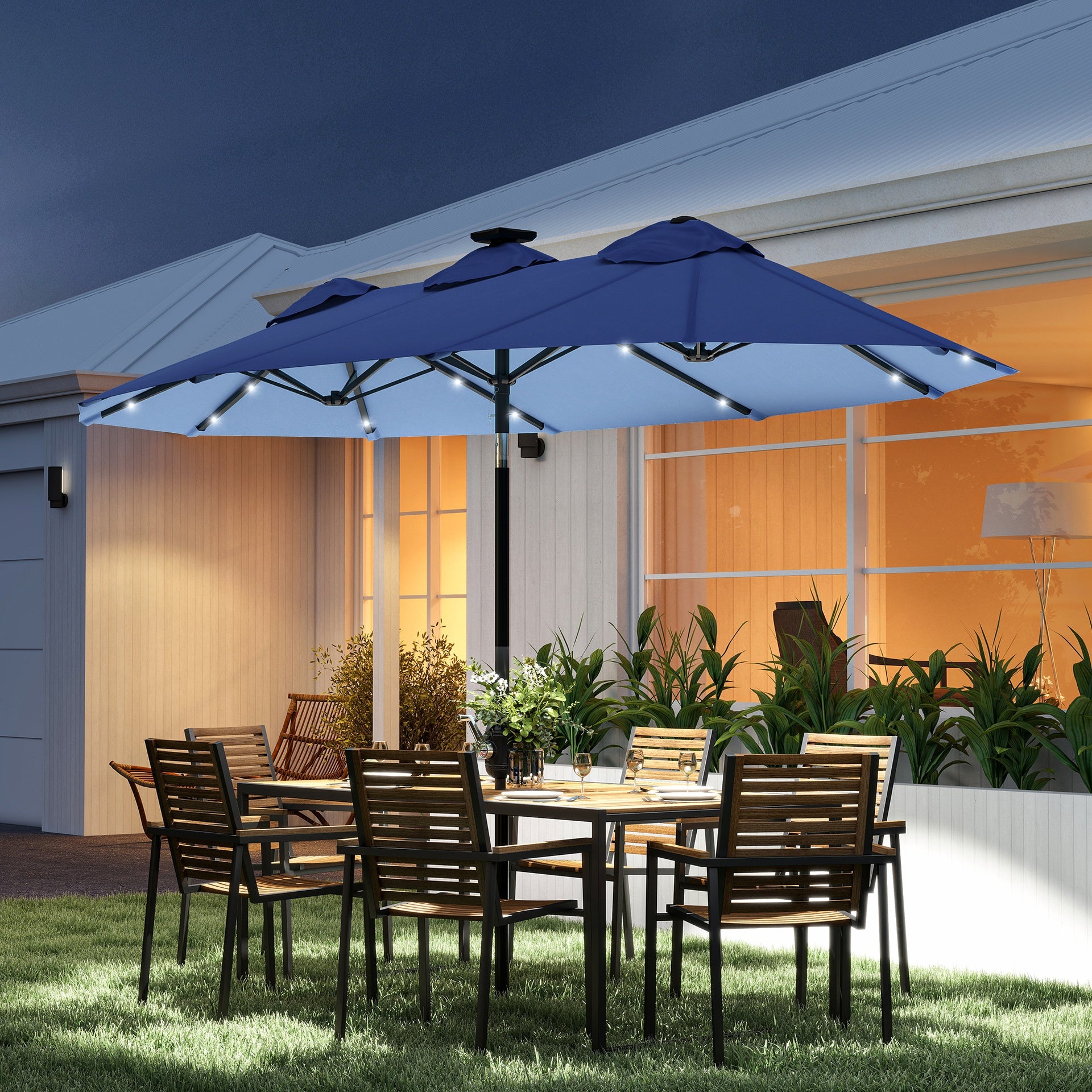 Outsunny Double-sided Patio Umbrella, 9.7' Outdoor Umbrella with Tilt and Crank, LED Solar Light and 12 Ribs, Navy Blue