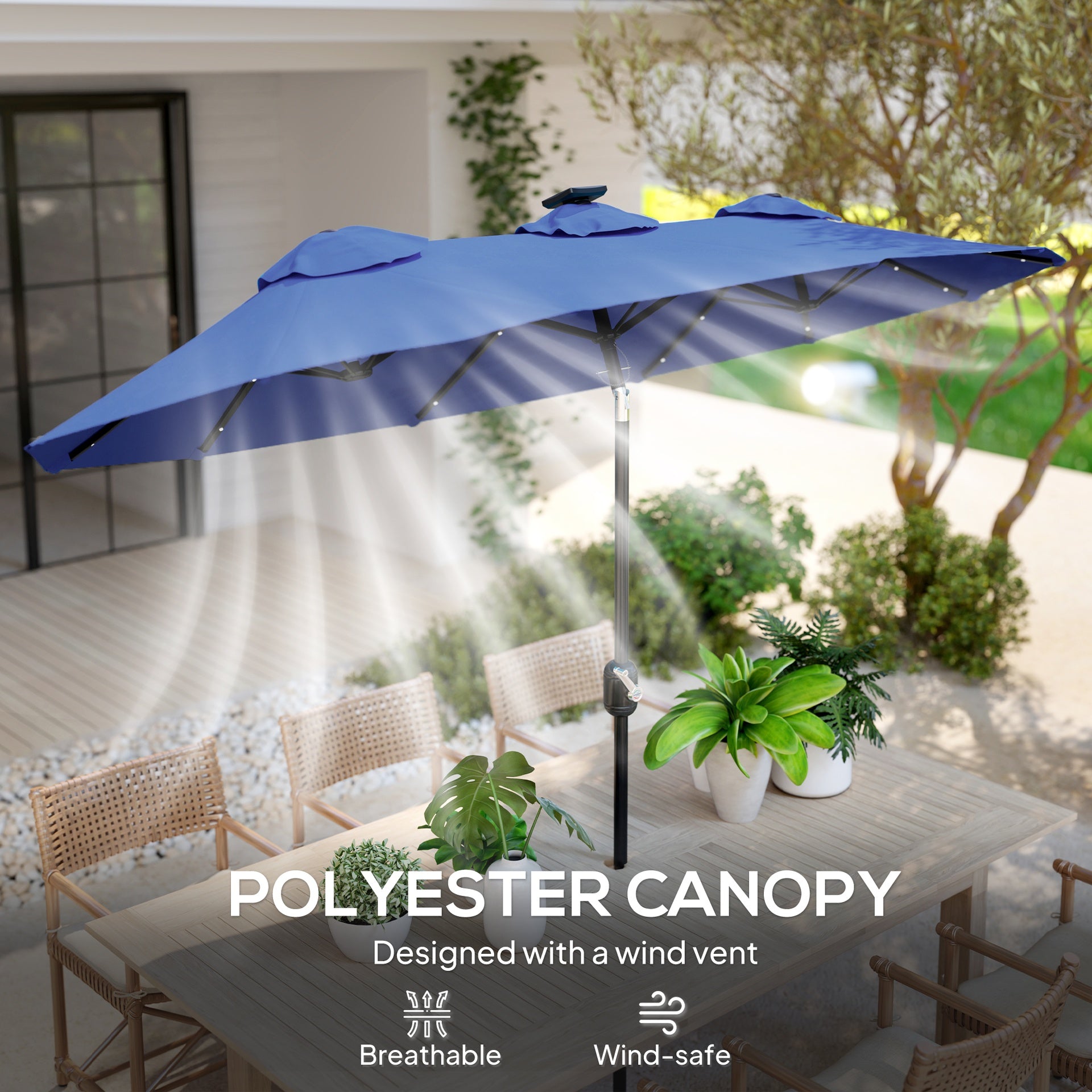 Outsunny Double-sided Patio Umbrella, 9.7' Outdoor Umbrella with Tilt and Crank, LED Solar Light and 12 Ribs, Navy Blue