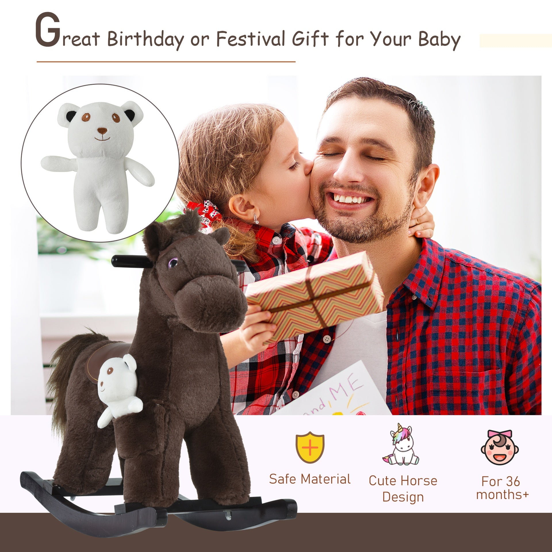 Qaba Kids Rocking Horse with Bear Toy, Plush Animal Rocker with Fun Realistic Sounds for Toddler 18-36 Months, Brown