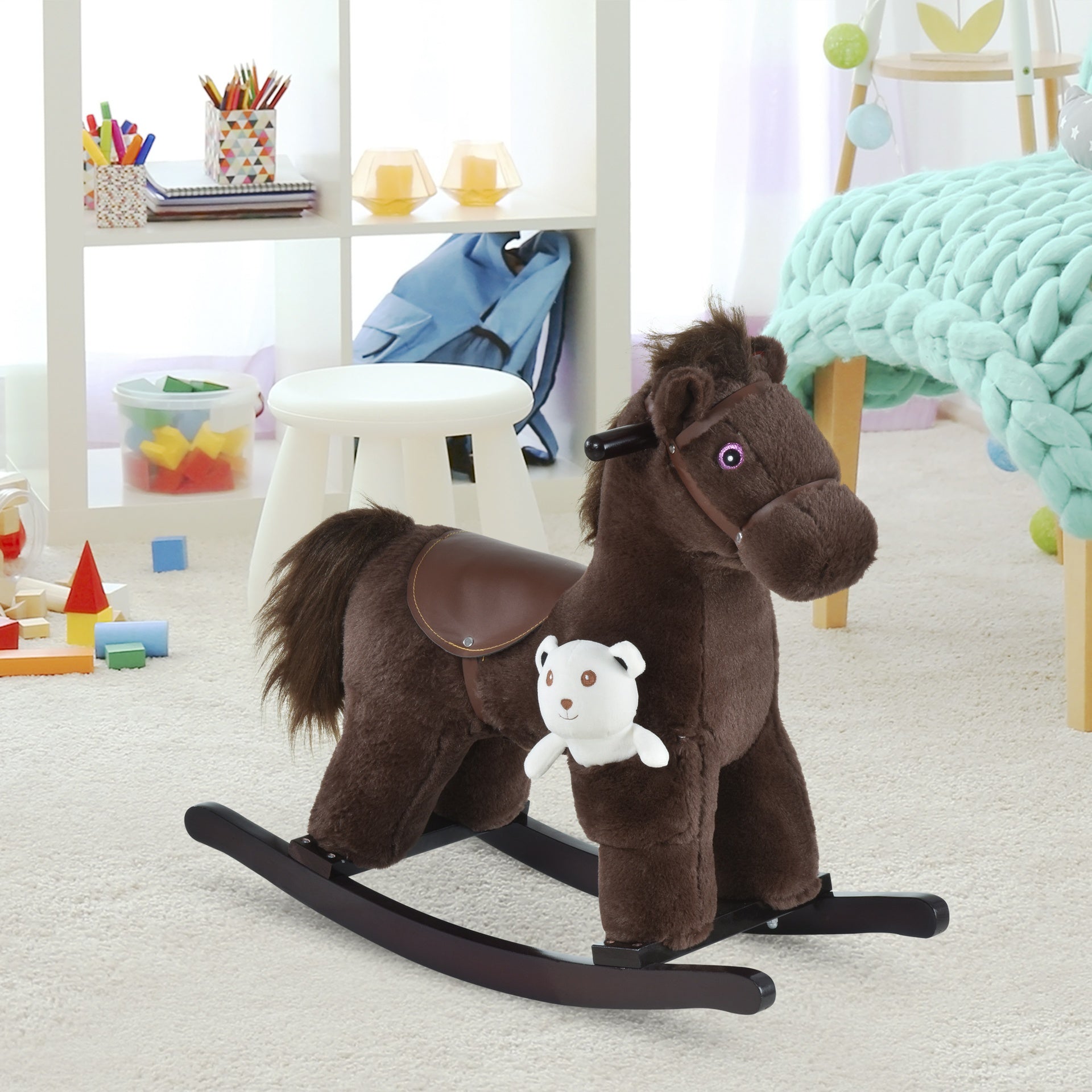 Qaba Kids Rocking Horse with Bear Toy, Plush Animal Rocker with Fun Realistic Sounds for Toddler 18-36 Months, Brown