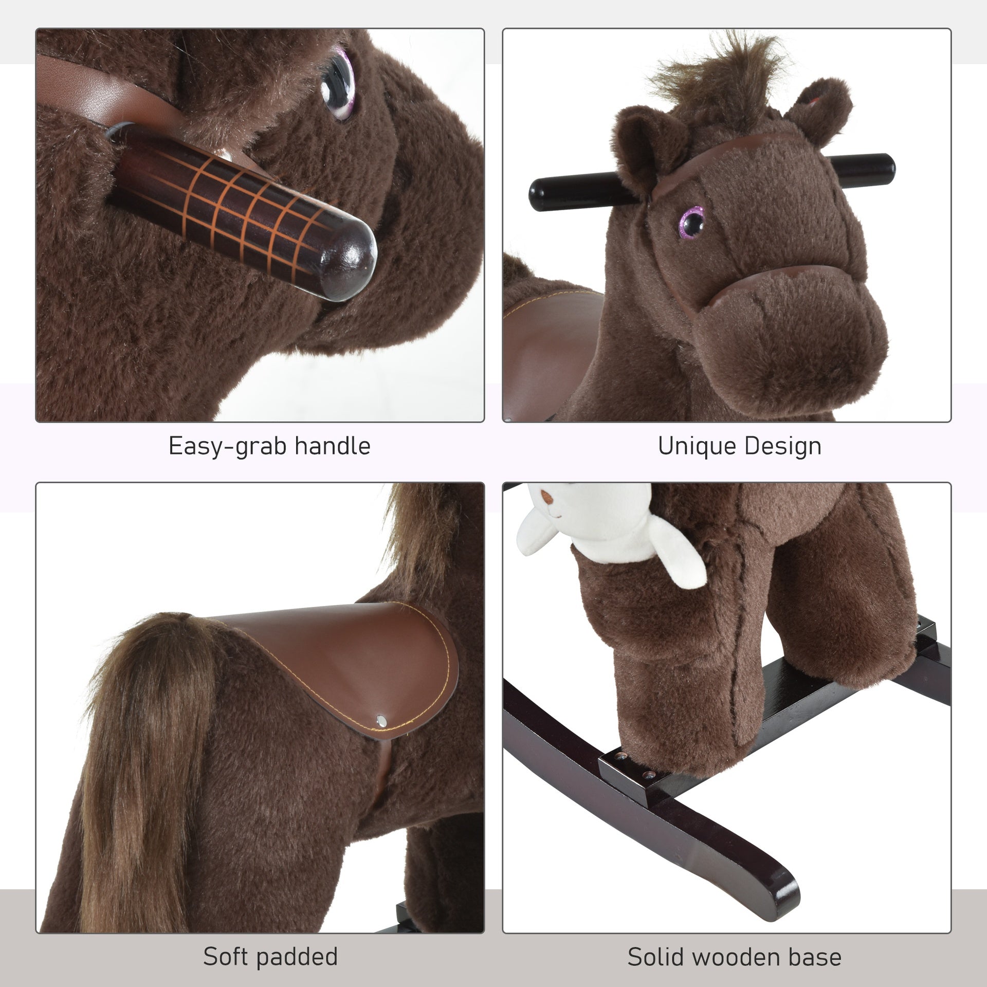 Qaba Kids Rocking Horse with Bear Toy, Plush Animal Rocker with Fun Realistic Sounds for Toddler 18-36 Months, Brown