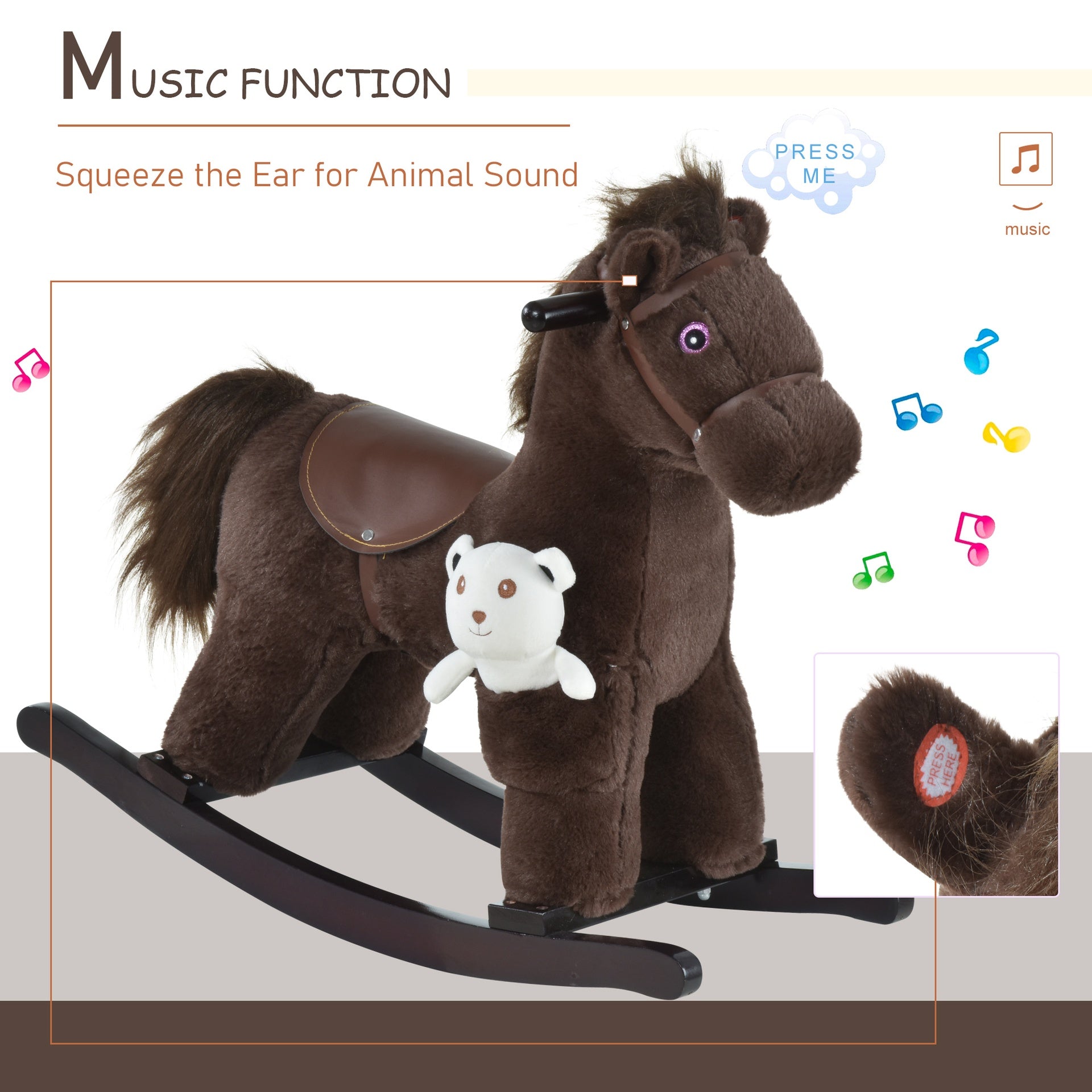Qaba Kids Rocking Horse with Bear Toy, Plush Animal Rocker with Fun Realistic Sounds for Toddler 18-36 Months, Brown