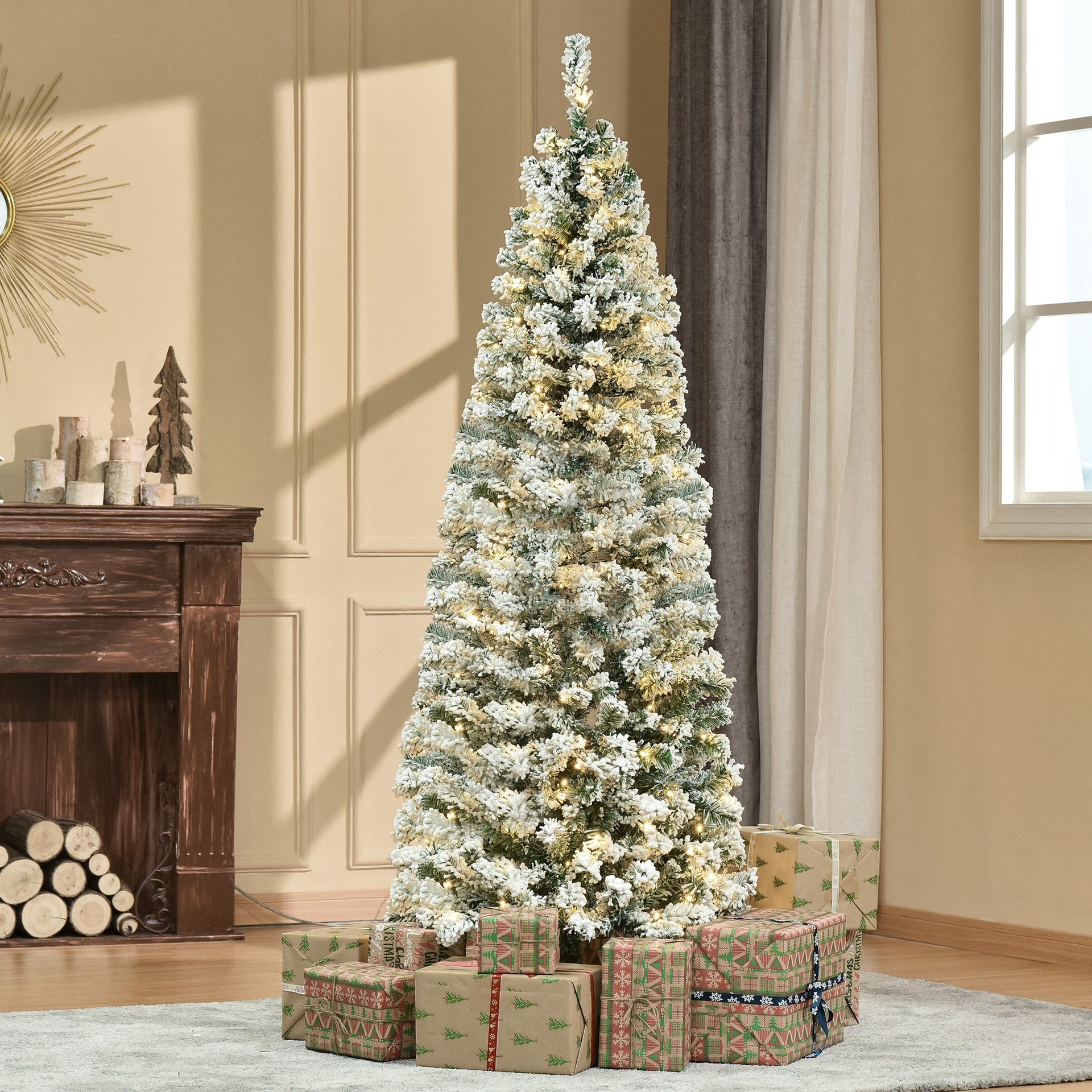 HOMCOM 6ft Pre-Lit Snow-Flocked Slim Douglas Fir Artificial Christmas Tree with Realistic Branches, 250 LED Lights and 462 Tips